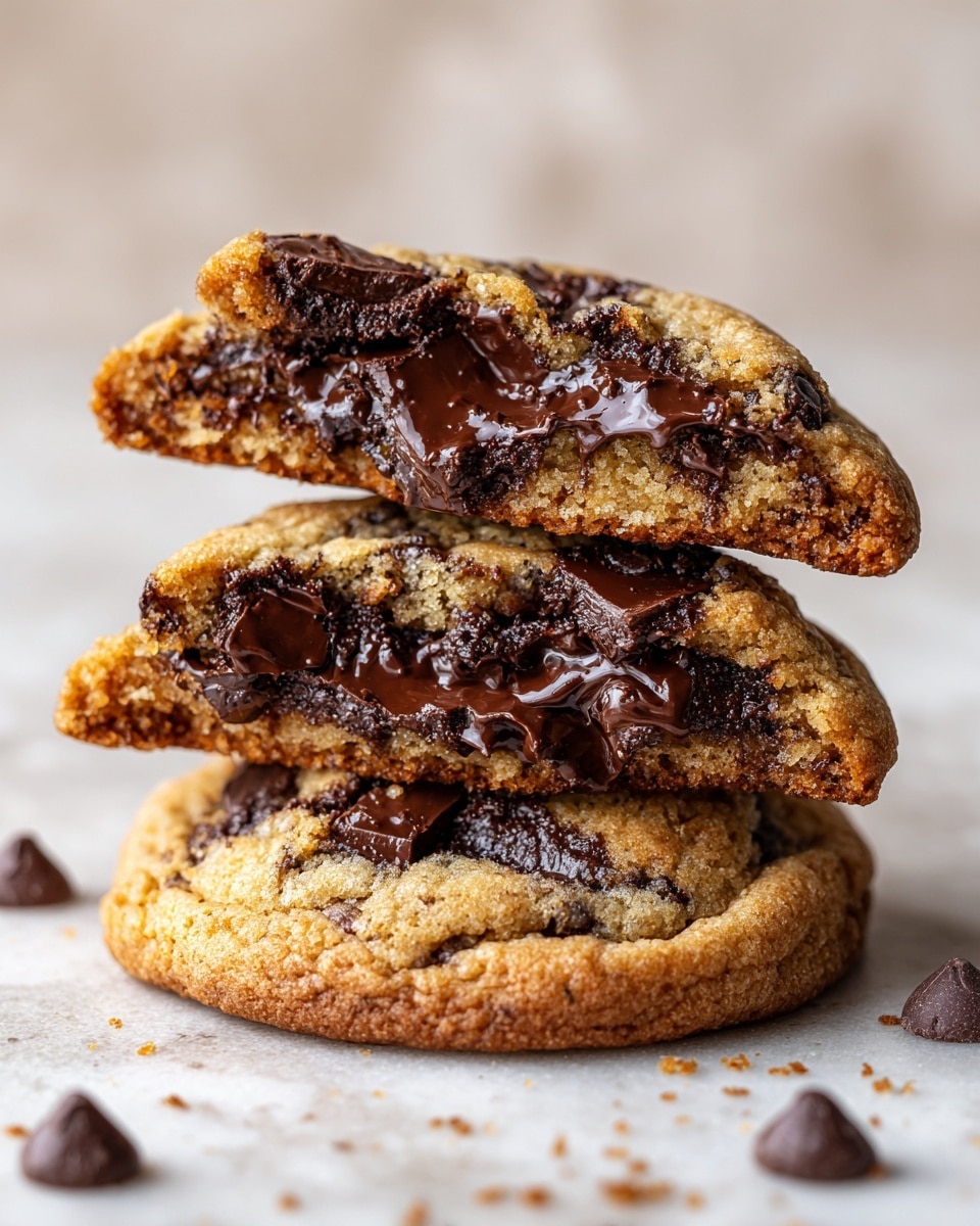 A stack of three thick chocolate chip cookies is shown close up on a white marbled surface. The bottom cookie is whole, with a rough golden-brown outer edge and soft, dark chocolate melting slightly in the middle. The middle cookie is broken, revealing a gooey dark chocolate inside that contrasts with the lighter baked dough around it. The top cookie is also broken in half, laid slightly tilted and showing large, shiny chunks of melted chocolate resting on a crumbly, golden-brown surface. A few chocolate chips are scattered around the base, adding texture and focus to the image. Photo taken with an iphone --ar 4:5 --v 7