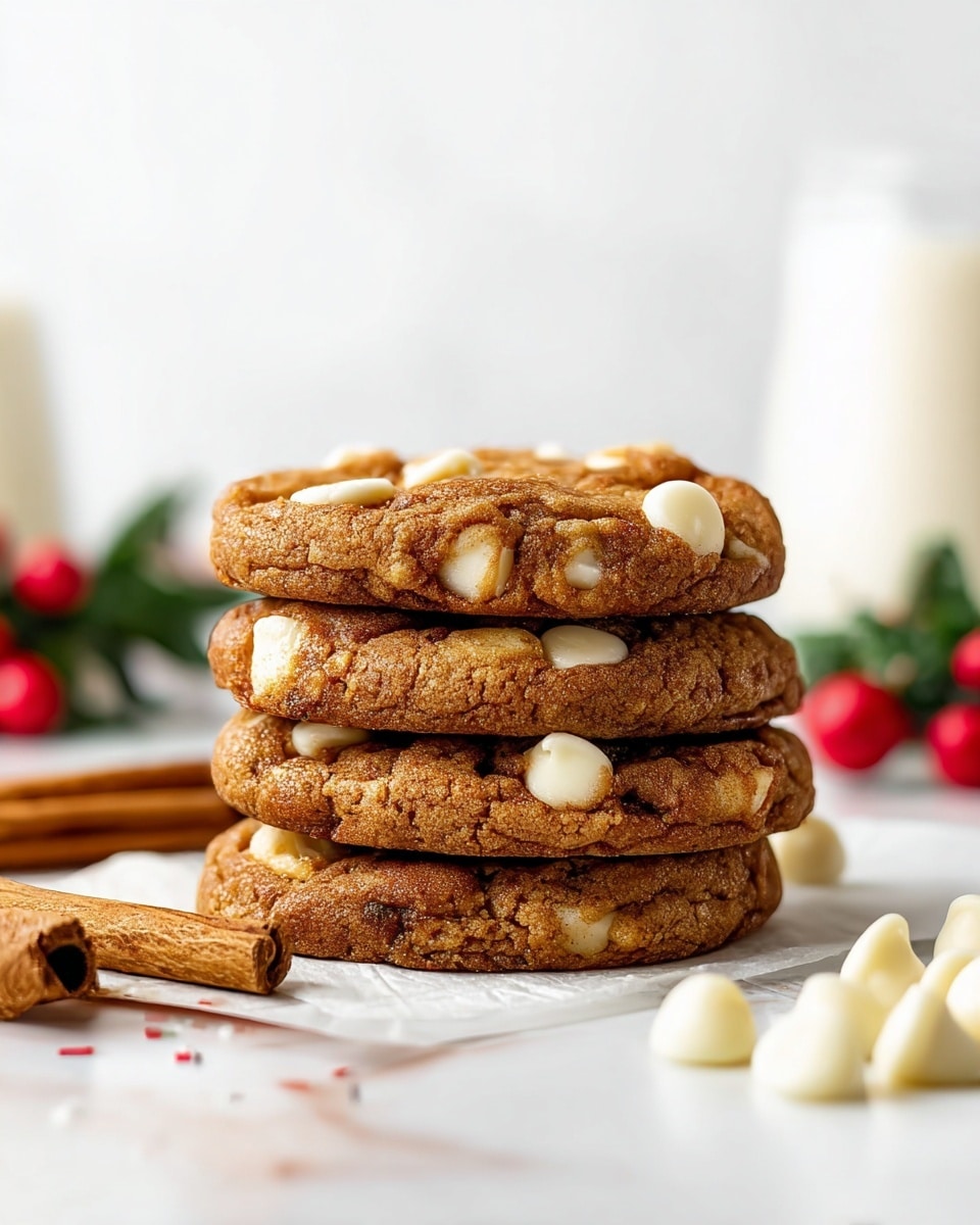 The image shows a close-up of a stack of four thick cookies with a golden-brown color, each cookie dotted with white chocolate chips giving a creamy contrast to the crispy texture. The cookies are placed on a piece of white parchment paper on a white marbled surface. To the left of the stack are two cinnamon sticks, and in the background, a glass of milk is softly blurred. Some white chocolate chips are scattered around the base of the cookies, with a blurred green and red decoration on the right side, adding a festive touch. photo taken with an iphone --ar 4:5 --v 7