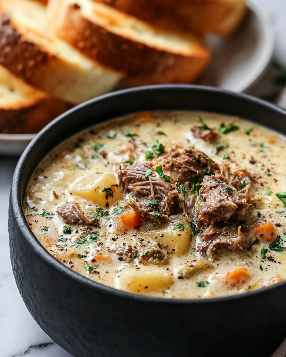 A close-up of a dark bowl filled with creamy stew featuring several layers: the base is a smooth, light beige creamy broth, with tender shredded pieces of brown meat scattered thickly on top, mixed with small chunks of light orange and white vegetables. The surface has a sprinkle of chopped green herbs and black pepper, giving texture and color contrast. In the blurry background, slices of golden-brown toasted bread rest on a white plate on a white marbled surface. photo taken with an iphone --ar 4:5 --v 7