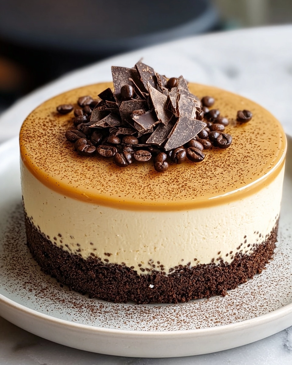 A round two-layer cake sits on a white plate with a white marbled surface underneath. The bottom layer is thick, dark brown, crumbly with a rough texture, and the top layer is a smooth, creamy light beige with tiny specks on the sides. The top surface of the cake is a glossy light caramel color, sprinkled with fine dark brown powder, and it is topped with a small mound of whole dark brown coffee beans mixed with thin, jagged pieces of dark chocolate. Photo taken with an iphone --ar 4:5 --v 7