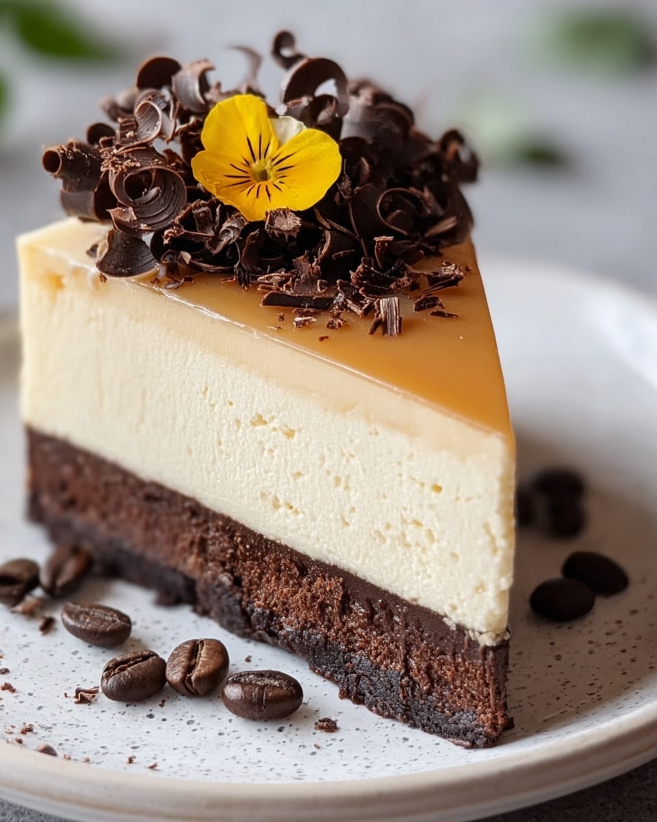 A close-up of a slice of cake on a white plate with a white marbled texture surface, showing three layers: a thick, dense dark brown base, a thick creamy off-white middle layer with a smooth texture, and a shiny light caramel-colored thin top layer. The top of the cake is decorated with dark chocolate curls and a single small yellow flower with dark veins. Around the plate are scattered dark chocolate shavings and whole coffee beans, creating a rustic yet elegant look. photo taken with an iphone --ar 4:5 --v 7