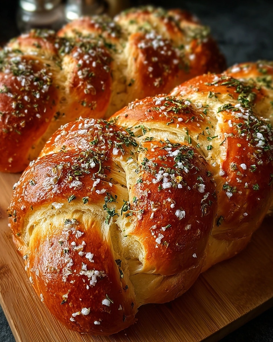 The image shows three golden brown braided bread loaves placed closely together on a wooden board. Each loaf has a shiny crust with crispy texture, sprinkled generously with coarse white salt and green herbs, giving a fresh and aromatic look. The braided strands create a pattern of deep ridges and soft, fluffy layers inside, visible where some loaves are partly torn. The background is slightly dark, which highlights the rich color and texture of the bread. photo taken with an iphone --ar 4:5 --v 7
