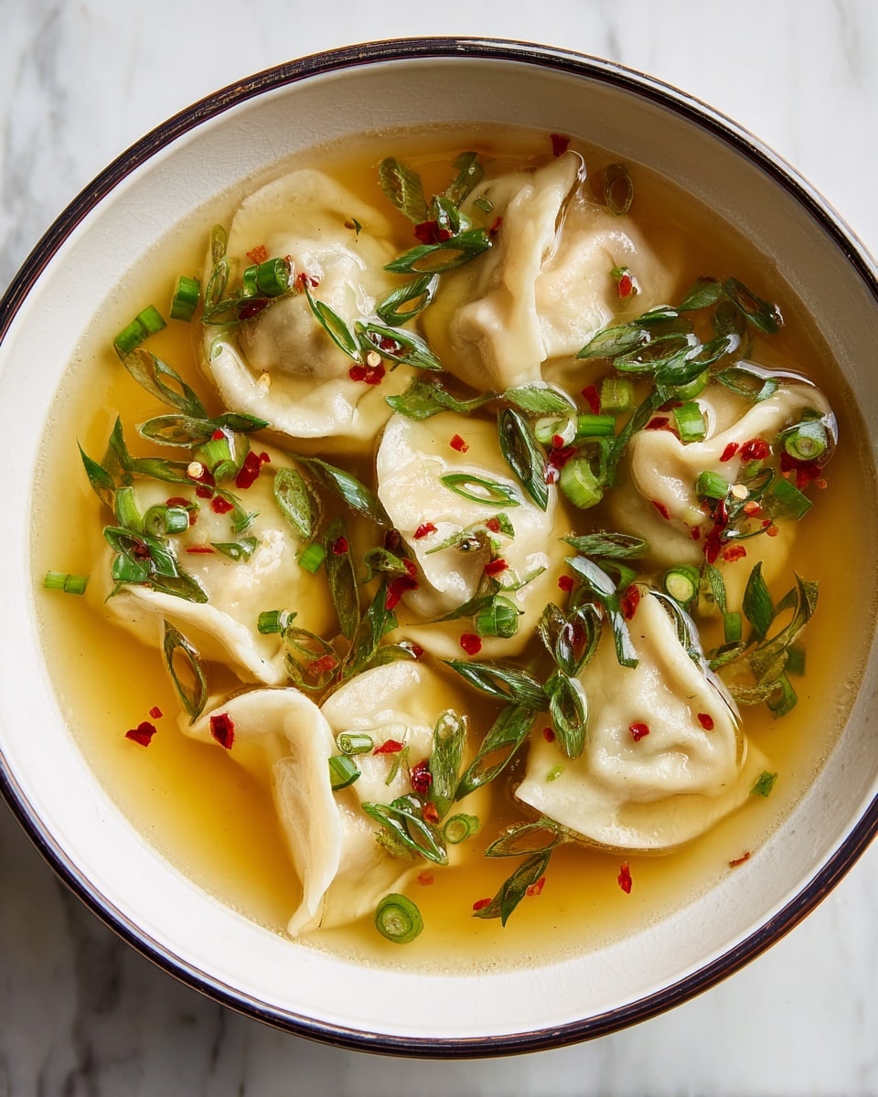 A close-up of a bowl filled with seven dumplings floating in a clear golden broth. The dumplings are light beige with a soft, slightly wrinkled texture, each showing unique folded shapes. Green chopped herbs and small green onion pieces are scattered on top and floating in the broth, adding bright green spots. Tiny red chili flakes are sprinkled lightly over the surface of the soup. Steam rises gently from the bowl, showing the dish is hot. The bowl is white with a thin dark rim and sits on a surface with a white marbled texture. photo taken with an iphone --ar 4:5 --v 7