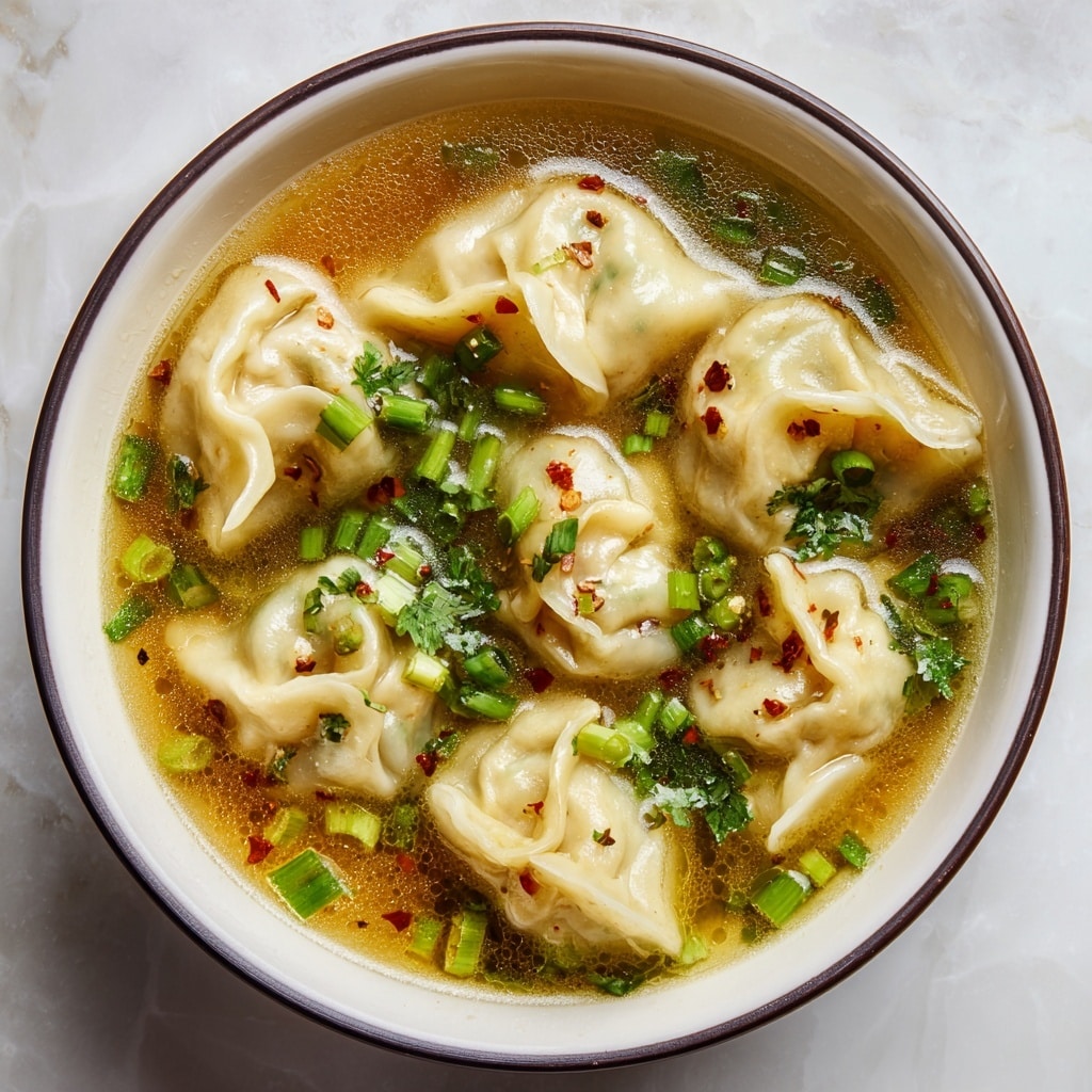 A close-up of a bowl filled with seven golden-yellow tortellini floating in a spicy red broth, mixed with dark green spinach leaves and sprinkled with white sesame seeds and small pieces of bright green chopped scallions. The broth has a glossy texture with visible red chili flakes scattered throughout. The white bowl rests on a white marbled surface, with the edges of another bowl and a basket with light-colored crackers just visible in the background. photo taken with an iphone --ar 4:5 --v 7