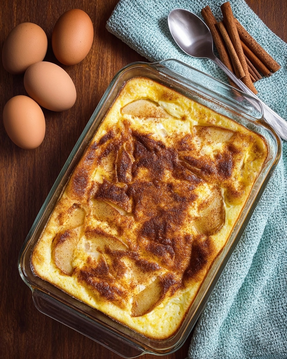 A rectangular clear glass baking dish filled with a baked dessert showing a golden brown top with darker browned cinnamon spots and visible soft slices of cooked apple peeking through. The dessert has a slightly risen, textured surface with a mix of yellow and brown colors from the baked custard and cinnamon. The dish sits on a brown wooden surface next to three brown eggs, a silver metal spoon, a light blue towel with a textured fabric, and a bunch of tied cinnamon sticks. photo taken with an iphone --ar 4:5 --v 7