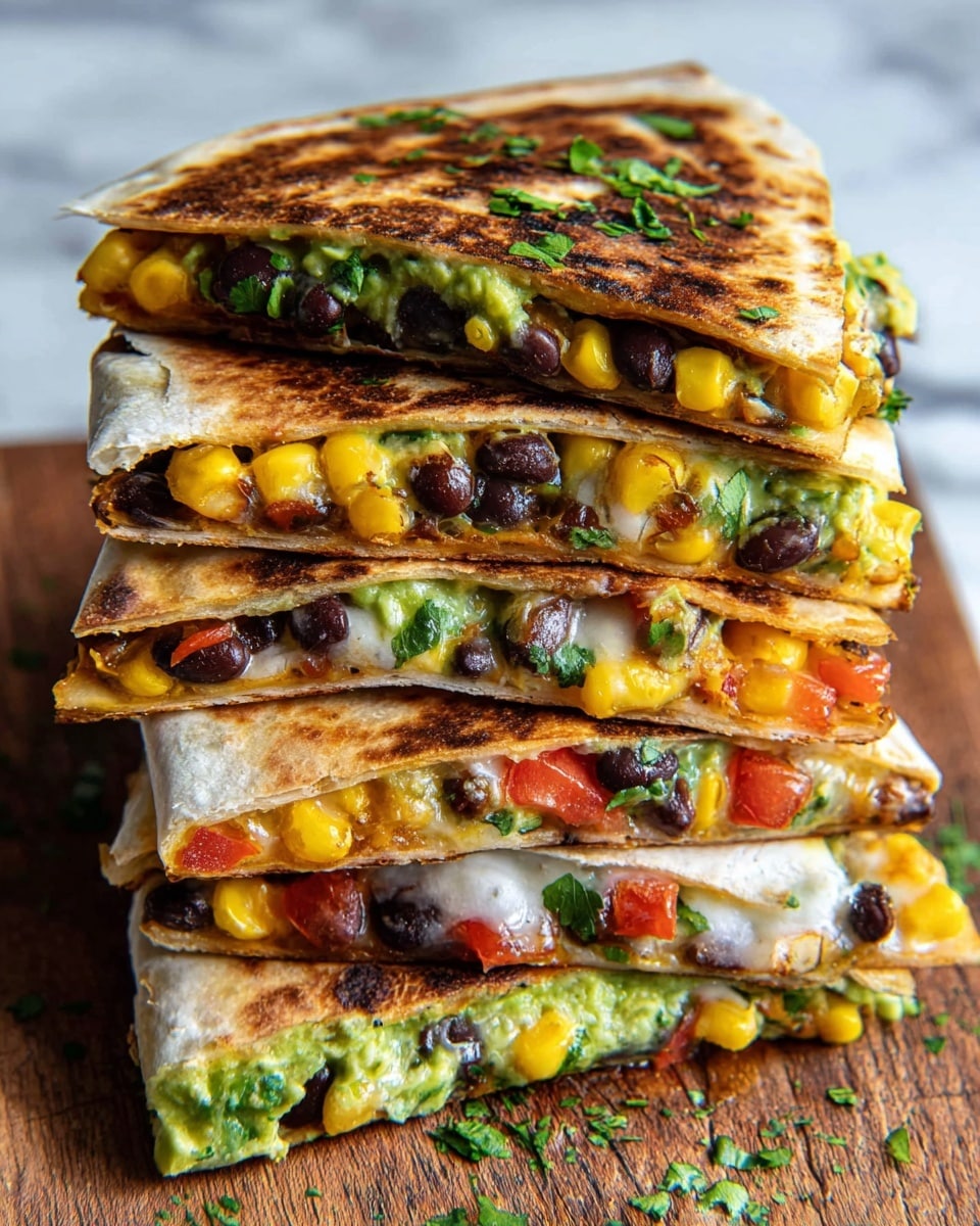 The image shows a stack of four folded quesadilla halves on a white plate, placed on a white marbled surface. Each quesadilla layer has a golden-brown, crispy tortilla with char marks, filled with visible layers of black beans, yellow corn kernels, melted cheese, green guacamole with bits of cilantro, chopped red tomatoes, and small pieces of red onion. Fresh cilantro leaves are sprinkled on top, adding a pop of green. The filling is thick and colorful, with textures ranging from soft melted cheese to chunky vegetables. photo taken with an iphone --ar 4:5 --v 7
