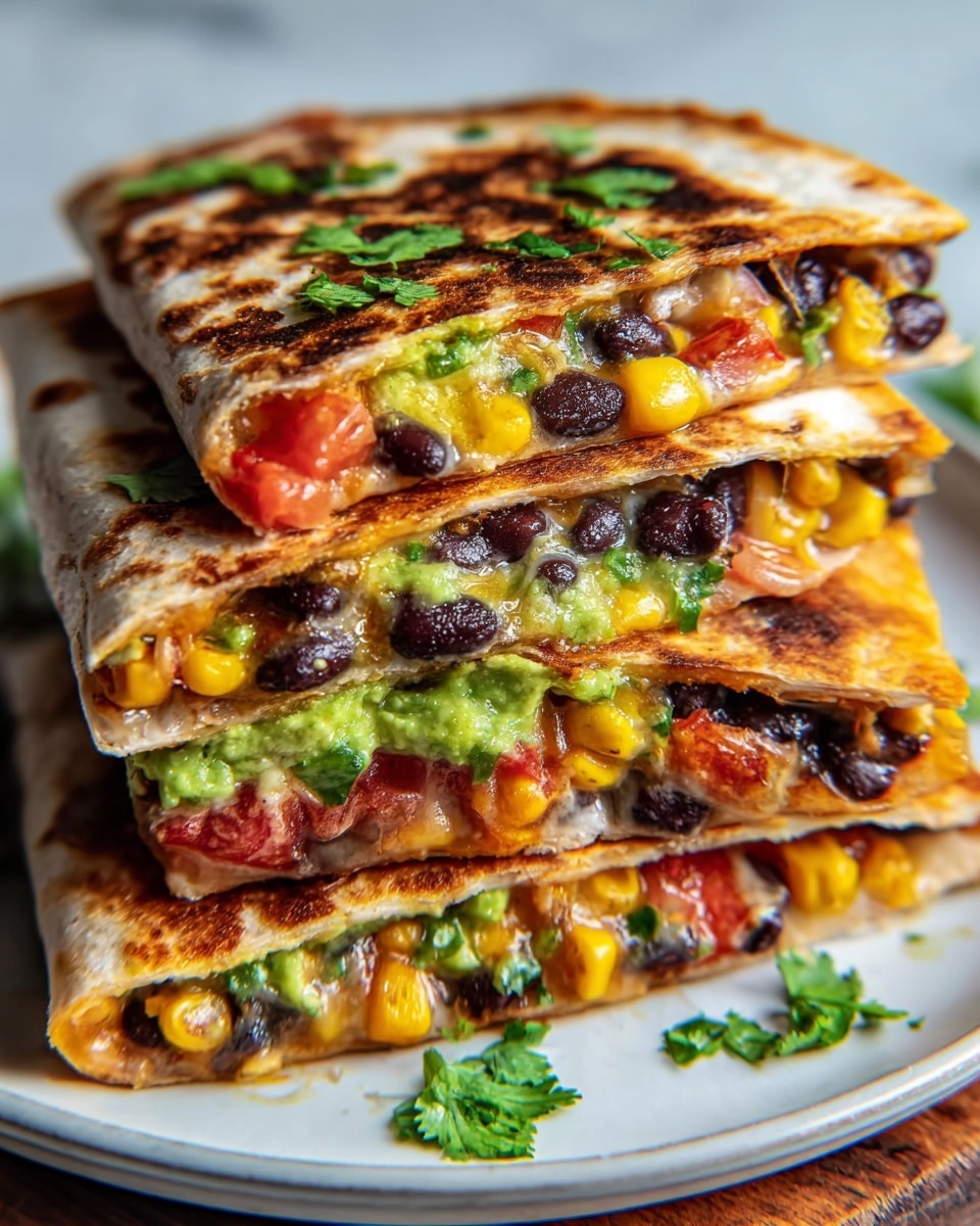 A stack of five folded golden-brown quesadilla quarters is shown on a wooden surface, each quarter filled with layers of yellow corn, black beans, green guacamole, melted white cheese, red diced tomatoes, and bits of chopped cilantro. The quesadilla tortillas are crispy with some darker toasted spots, and fresh green herbs are sprinkled on top of the uppermost quarter. The fillings peek out clearly from the open sides, showing a mix of creamy, chunky, and soft textures. The background is a white marbled texture, photo taken with an iphone --ar 4:5 --v 7