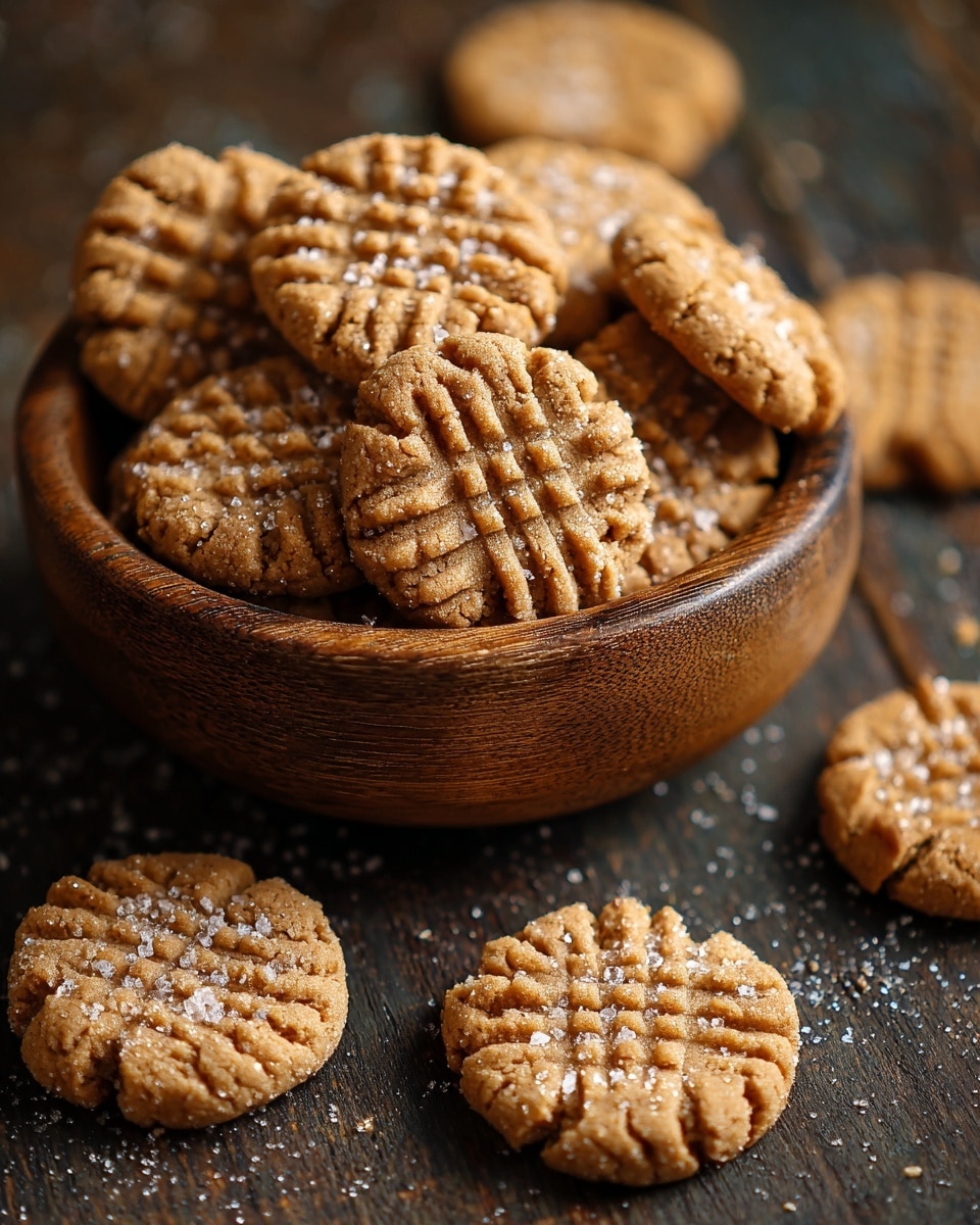 A wooden bowl filled with round peanut butter cookies stacked unevenly, each cookie showing a crisscross fork pattern on top and sprinkled with coarse salt crystals. Around the bowl, several cookies lie scattered on a dark wooden surface, with visible rough textures and sugar granules. The cookies are light brown with a slightly crumbly texture. photo taken with an iphone --ar 4:5 --v 7