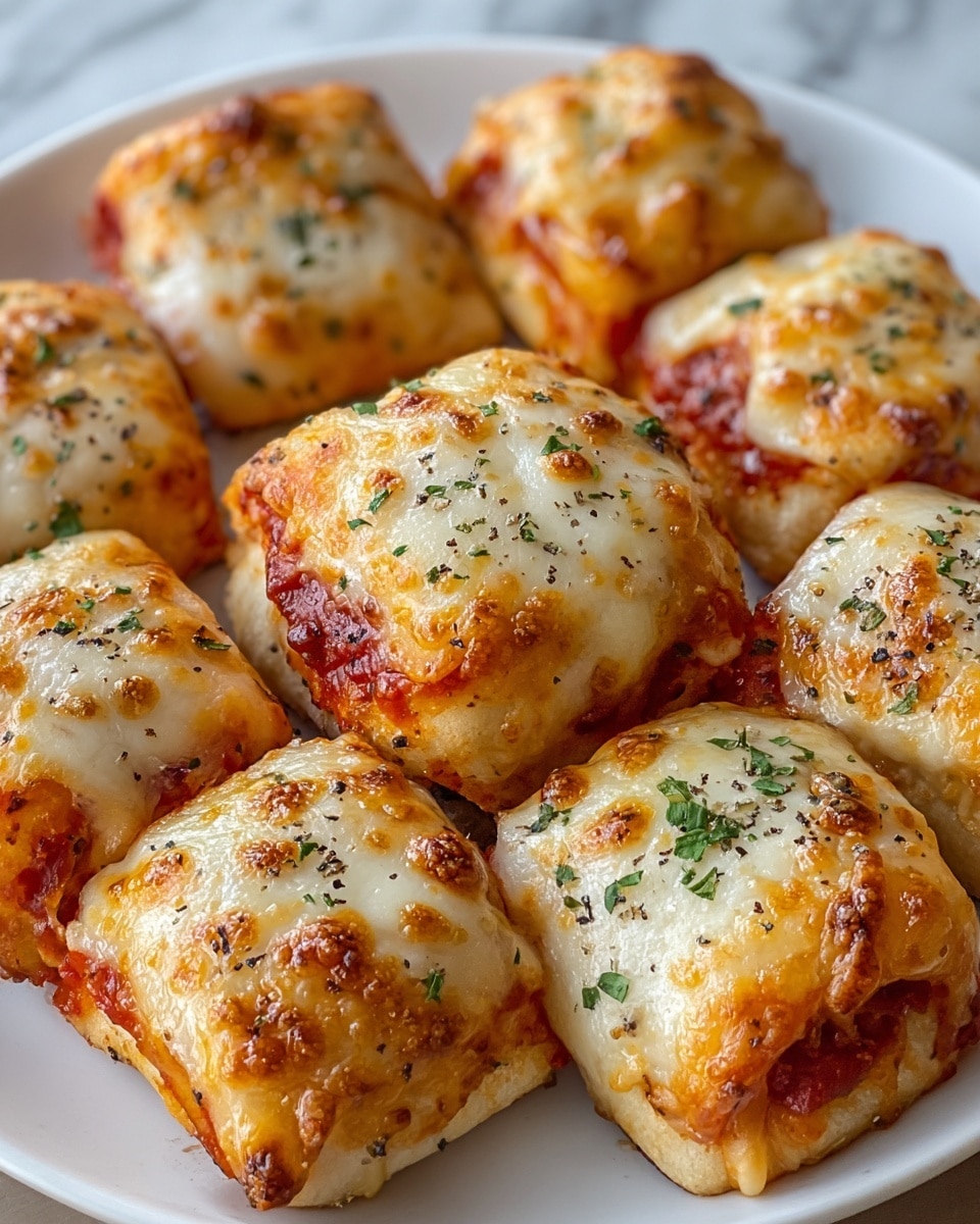 The image shows three golden-brown baked rolls, each about two layers thick with a visible outer layer of melted cheese that is bubbly and slightly browned with a sprinkling of dried herbs on top. The cheese layer has a shiny, oily texture with small dark green and black specks of seasoning. Underneath, the dough is light beige, soft, and flaky, with small glimpses of red tomato sauce and melted cheese inside, peeking out near the bottom edges. The rolls rest closely together on a smooth white plate set on a white marbled surface. Photo taken with an iphone --ar 4:5 --v 7