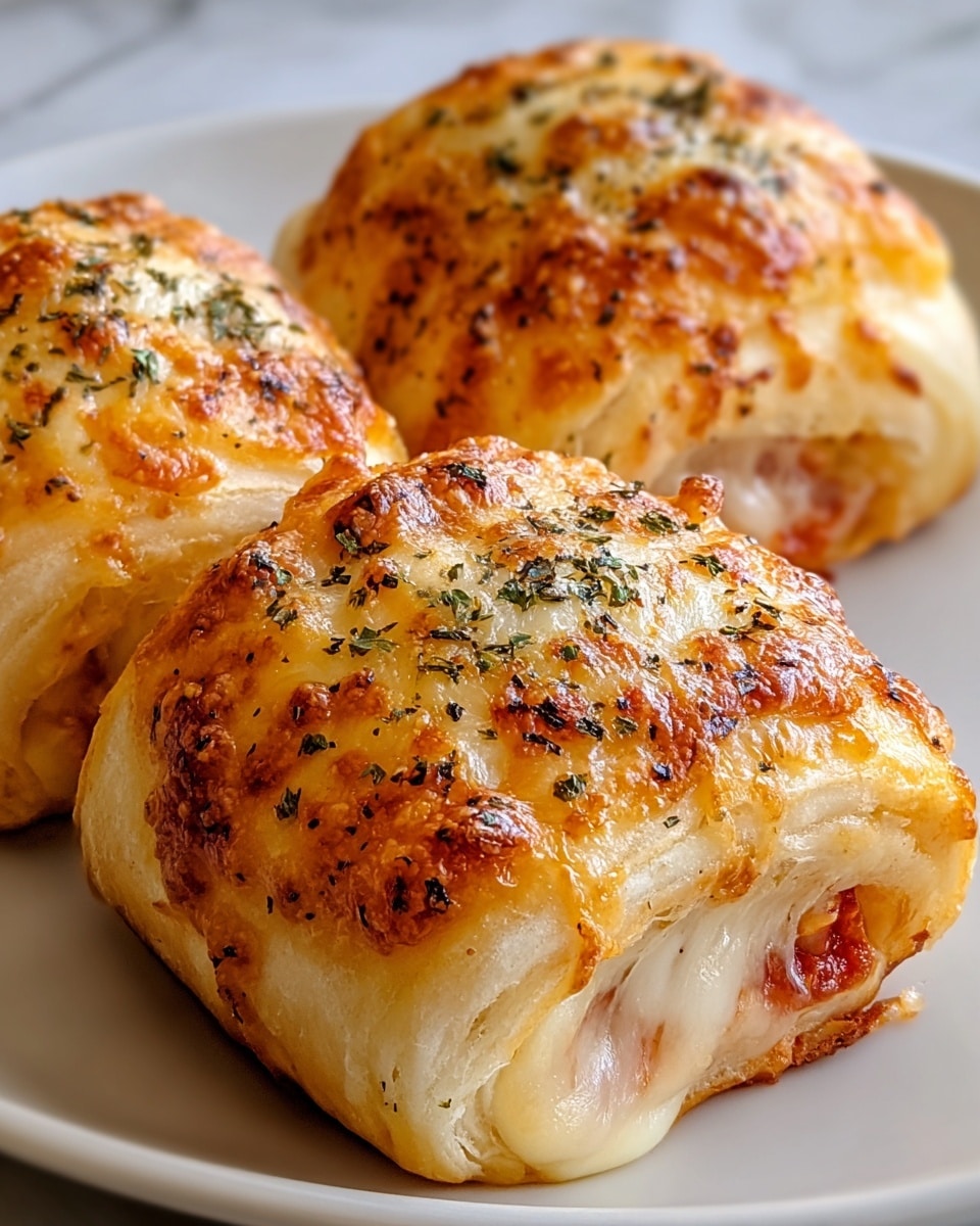 The image shows nine small, square pizza rolls arranged closely on a white plate, each with a golden-brown, bubbly cheese layer on top that is melted and slightly browned in spots, sprinkled with finely chopped green herbs and black pepper. Underneath the cheese, a visible layer of red tomato sauce peeks out around the edges of the soft, slightly puffy dough, which has a light, flaky texture. The pizza rolls are on a white marbled surface, creating a clean, bright backdrop. photo taken with an iphone --ar 4:5 --v 7