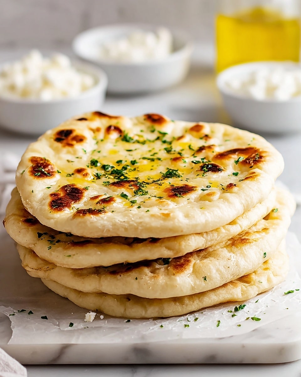 A stack of four flat, round pieces of naan bread is placed on a white marble slab over a white marbled surface. Each naan has a light golden color with darker brown char spots giving them a slightly toasted look. The top naan is brushed with melted butter and sprinkled with small green herb bits, adding a touch of freshness. In the softly blurred background, there are three white bowls containing white creamy and crumbly ingredients, and a glass jar with a yellow liquid. photo taken with an iphone --ar 4:5 --v 7