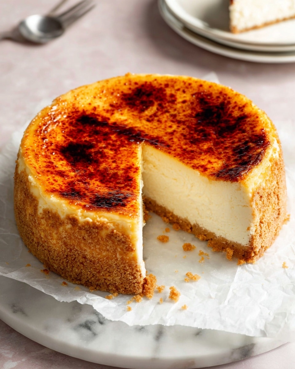 A round cheesecake with a golden-brown caramelized top layer, slightly uneven in color with darker spots, showing a smooth, creamy white middle layer, and a thick crumbly light brown crust around the sides and bottom, sitting on white parchment paper over a white marbled round surface; a single slice is cut out, revealing the smooth texture inside. Photo taken with an iphone --ar 4:5 --v 7