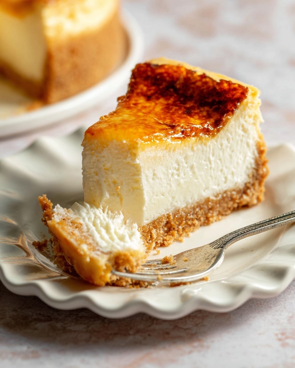A close-up of a slice of cheesecake on a white scalloped plate sitting on a white marbled surface. The cheesecake has three layers: a crumbly golden-brown crust at the bottom, a thick creamy white middle layer, and a slightly burnt caramelized golden top layer with a thin cracked texture. A small piece of cheesecake is on the tip of a silver fork resting on the plate near the slice, showing the fluffy and smooth interior. Photo taken with an iphone --ar 4:5 --v 7