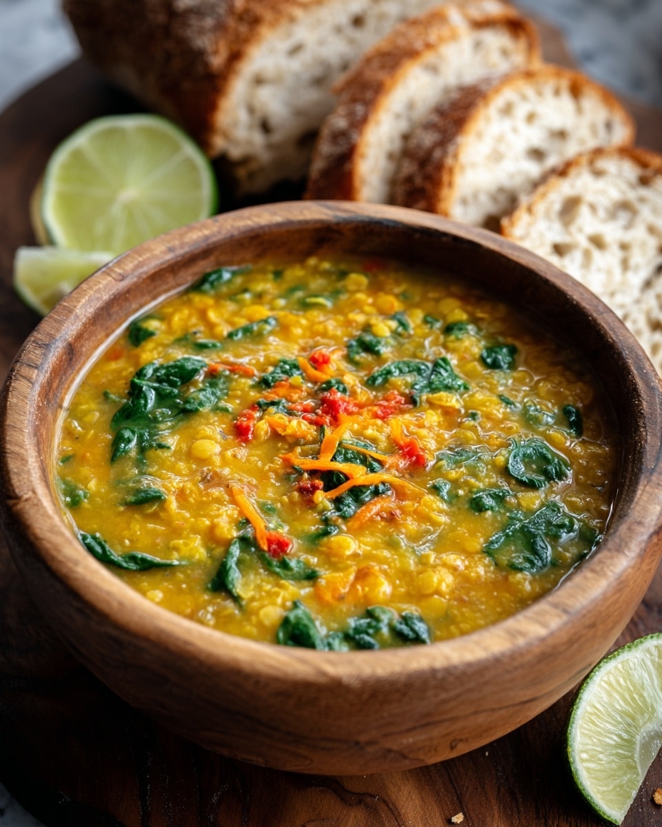 A thick bowl of yellow lentil soup sits in a round wooden bowl, showing a textured mix with visible yellow lentils, green spinach leaves, small pieces of red peppers, and orange carrot shreds scattered on top. The soup fills most of the bowl, and in the background, slices of crusty bread rest behind it, with two lime wedges placed beside the bowl. The bowl is on a dark wooden surface but changed to a white marbled texture. The scene is close up and well lit, focusing on the vibrant colors and textures of the soup and garnishes. Photo taken with an iphone --ar 4:5 --v 7