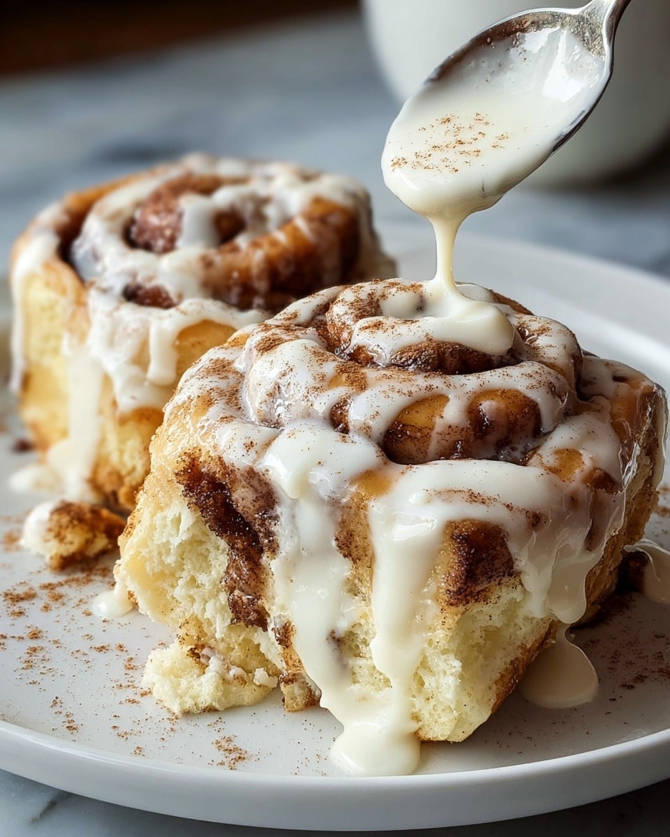 Two thick cinnamon rolls sit side by side on a white plate, their layers clearly visible with golden brown dough and swirls of dark cinnamon filling. A creamy white icing is being drizzled on the top roll from a spoon held by a woman's hand, slowly dripping down the sides and pooling slightly at the base. The icing is sprinkled with cinnamon powder, adding a light dusting of dark brown color on the creamy surface. The background shows a soft white marbled texture, giving a clean, bright look to the scene. photo taken with an iphone --ar 4:5 --v 7