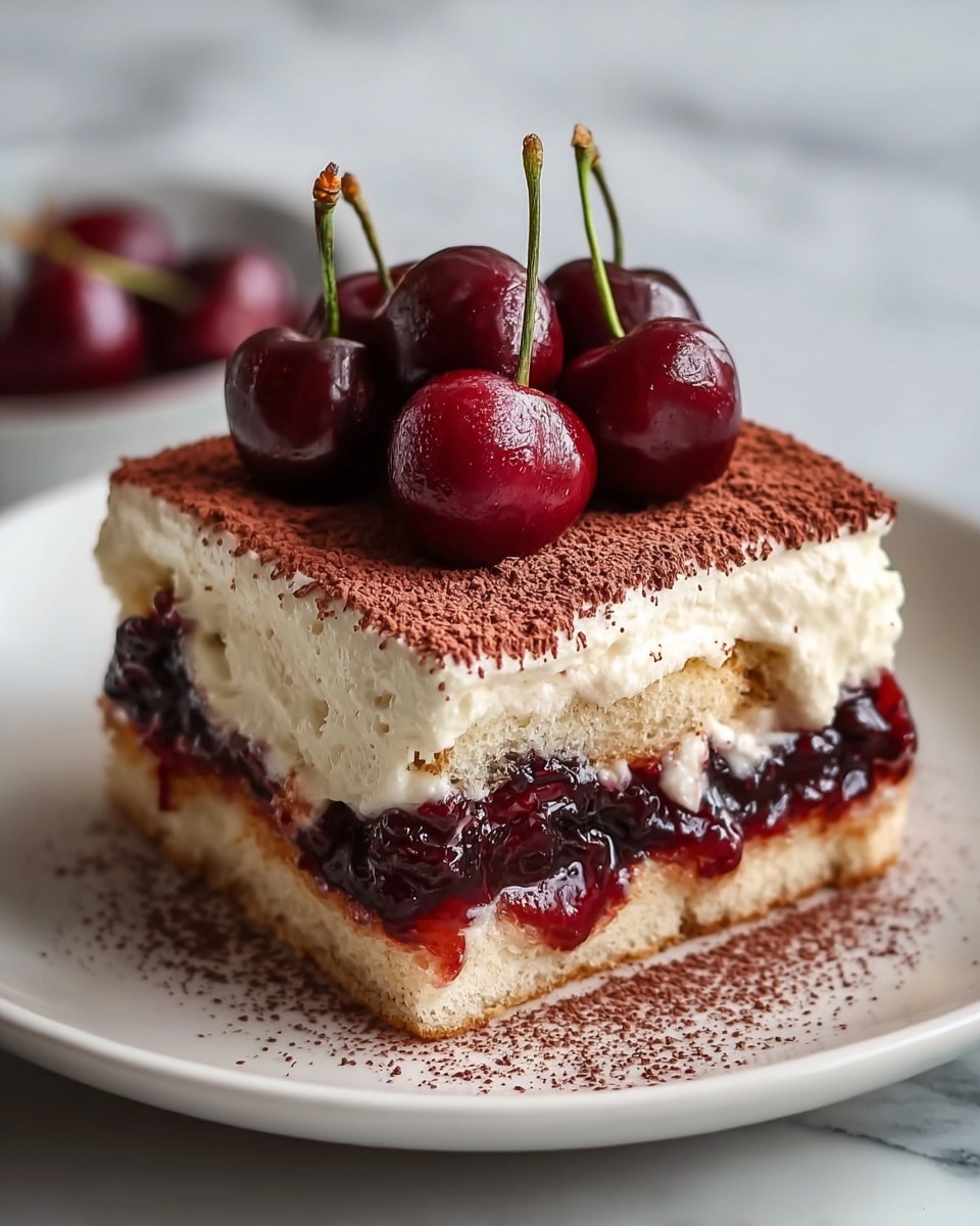 A square slice of dessert sits on a white plate with light brown speckles, placed on a white marbled surface. The dessert has four layers: a bottom layer of soft, light tan cake, a thick middle layer of glossy dark red cherry filling, a thick top layer of creamy white frosting dusted with fine brown cocoa powder, and three shiny dark red cherries with stems arranged on top. The cocoa powder also lightly spreads around the dessert on the plate. Photo taken with an iphone --ar 4:5 --v 7
