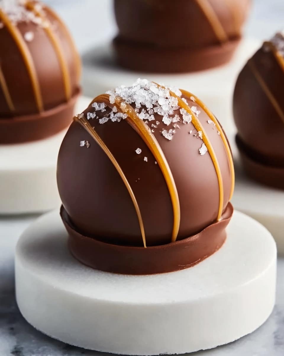 A smooth, round chocolate ball sits on a thick, flat chocolate base, placed on a white circular stand with a subtle texture. The chocolate ball has three evenly spaced, thin caramel-colored stripes running from top to bottom. On the top center of the ball, there is a scatter of coarse white salt crystals, adding texture and contrast to the shiny chocolate surface. In the background, a few more chocolate balls with the same design sit on the white marbled surface, slightly blurred to keep focus on the main chocolate ball. photo taken with an iphone --ar 4:5 --v 7