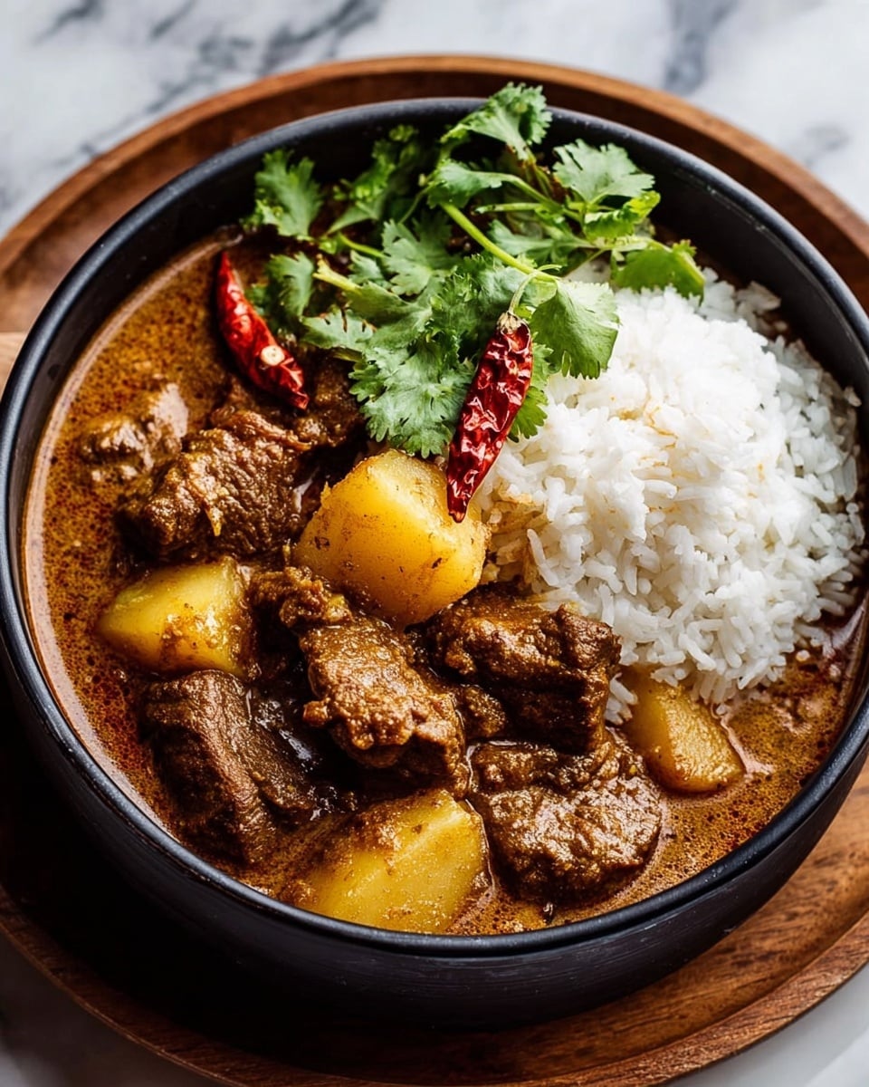 A black bowl filled with three main layers: a creamy, rich brown curry sauce at the bottom, topped with tender, dark brown beef chunks and light yellow potato pieces coated in the sauce, and a fluffy white rice mound on one side. On top of the meat and potatoes, there is a garnish of fresh green cilantro leaves and a couple of whole dried red chilies. The bowl is placed on a round light wooden plate against a white marbled background. photo taken with an iphone --ar 4:5 --v 7
