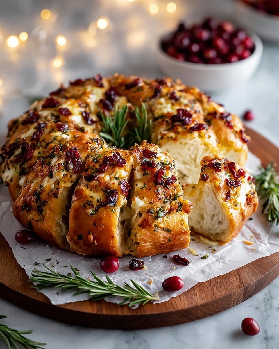 A golden brown round bread with eight thick, flaky layers, each topped with a mix of melted cheese, herbs, and scattered dried red berries. The bread is sliced but still whole, showing soft, white inner layers. In the center, fresh green rosemary sprigs add color. The bread rests on white parchment paper over a wooden board, with more fresh green rosemary and scattered whole red berries around it. The background features a white marbled texture with blurred lights and a white bowl of red berries. photo taken with an iphone --ar 4:5 --v 7