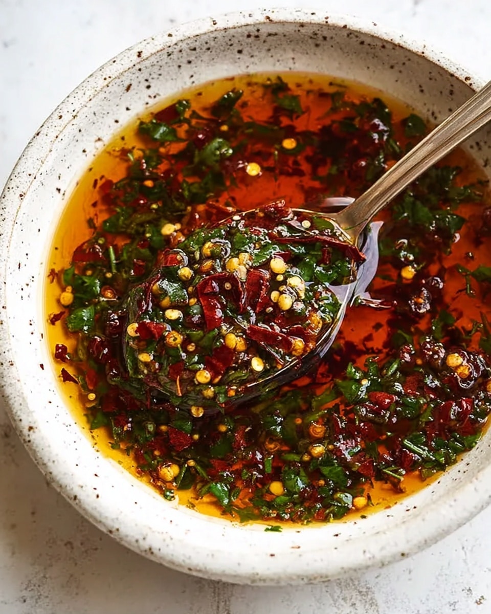 The image shows a white bowl with a layer of golden olive oil at the bottom mixed with finely chopped green herbs and small pieces of red chili flakes. On top of this oily herb mix are two pieces of light golden-brown crusty bread, one piece partially dipped into the mixture and the other resting on the edge of the bowl. The bread's texture reveals airy and soft crumbs inside with a crunchy crust outside. The bowl is placed on a white marbled surface with some scattered herbs nearby. photo taken with an iphone --ar 4:5 --v 7