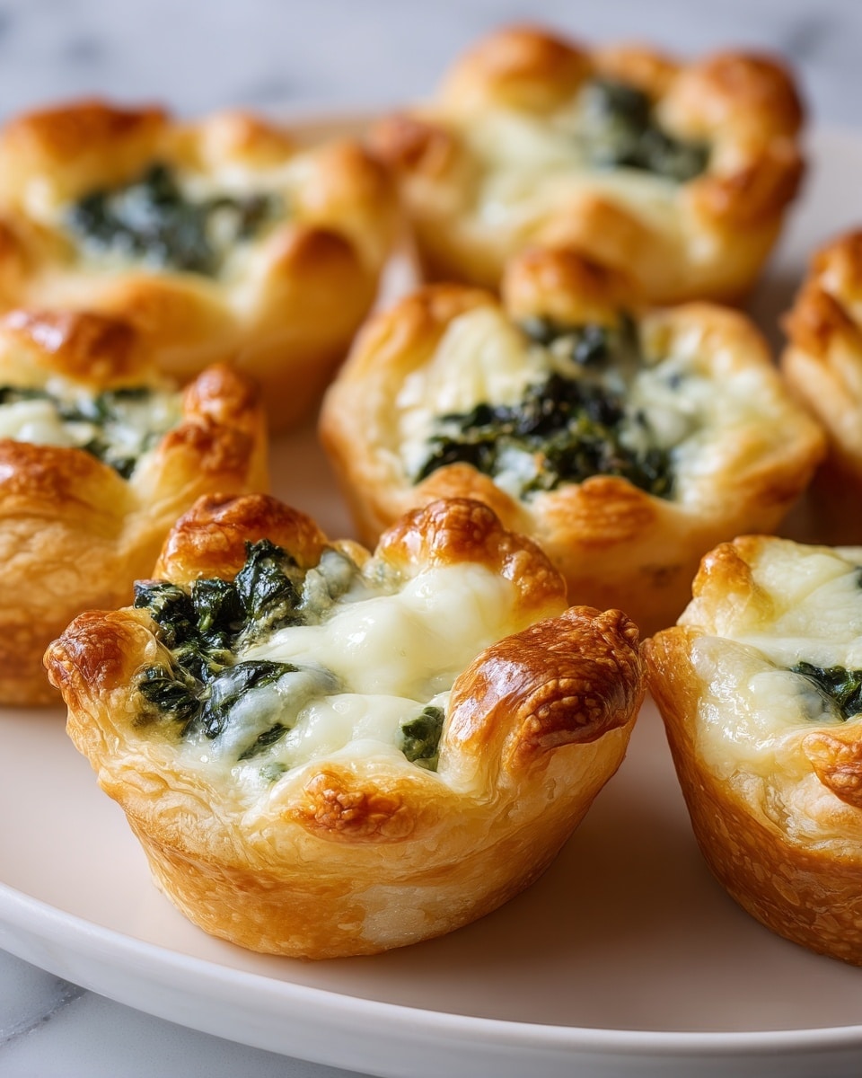 The image shows several golden brown, flaky pastry cups filled with a creamy layer of melted white cheese on top, covering wilted dark green spinach inside. The pastries have a slightly puffed and crisp outer texture, with edges rising above the filling in a soft, curved shape. They are arranged closely on a smooth, white plate set on a white marbled surface. The soft shine on the cheese and the warm tones of the pastry create an inviting look. photo taken with an iphone --ar 4:5 --v 7