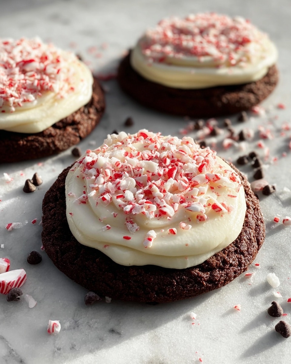 The image shows several chocolate cookies with a thick layer of smooth white frosting on top, sprinkled with small red and white crushed candy pieces. Each cookie has a dark brown, slightly cracked base, with one cookie in the front showing a bite taken out, exposing a gooey, melted chocolate center inside. The cookies rest on a white marbled surface, scattered with crumbs and whole chocolate chips around them. The frosting layer is creamy and slightly swirled, adding texture, while the candy pieces add bright pops of color. photo taken with an iphone --ar 4:5 --v 7