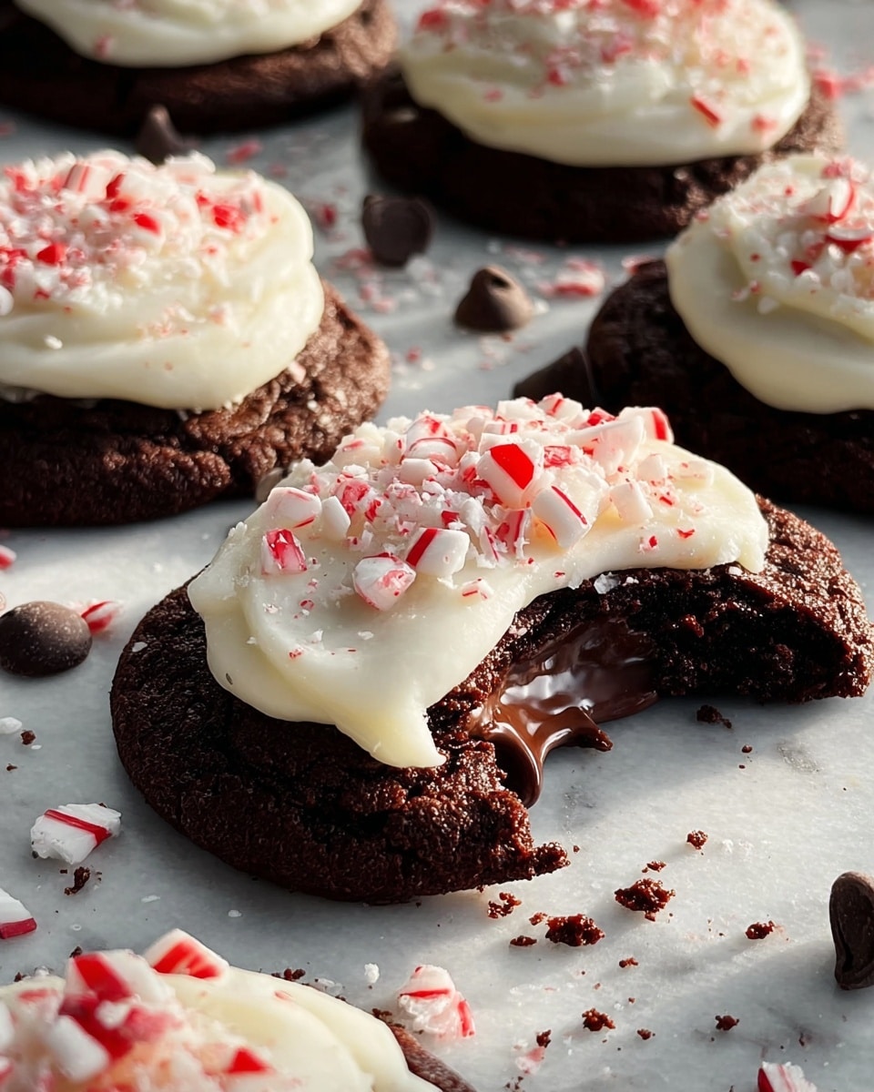 Three thick chocolate cookies each topped with a thick layer of creamy white frosting spread in a circular shape, sprinkled with small red and white crushed candy pieces. The cookies have a dark brown, slightly cracked surface, and some chocolate chips and extra candy bits are scattered around them on a white marbled textured surface. The lighting highlights the smooth texture of the frosting and the rough, crumbly texture of the cookies. photo taken with an iphone --ar 4:5 --v 7