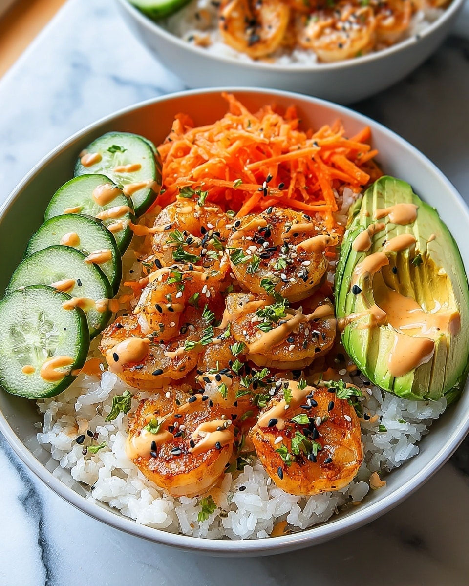A white bowl filled with four main layers arranged side by side: at the bottom is a thick layer of white rice with a shiny, slightly sticky texture; on top of the rice towards the front are grilled shrimp, orange-brown with some char marks and sprinkled with green herbs and black and white sesame seeds; to the left of the shrimp are thin cucumber slices, light green with a smooth, moist look; next to the cucumber is a pile of shredded bright orange carrots with a rough texture; on the right side is a sliced avocado half, bright green with smooth, creamy texture, drizzled with a light orange sauce. The shrimp and avocado are both lightly drizzled with the same sauce; the bowl sits on a white marbled surface and there is another similar bowl blurred in the background. Photo taken with an iphone --ar 4:5 --v 7