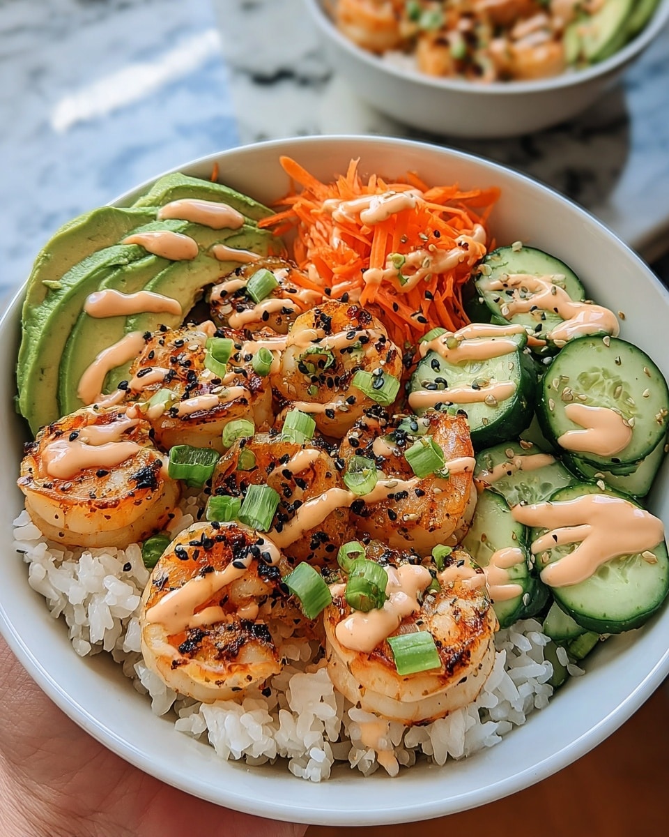 A white bowl filled with a base layer of white rice, topped with grilled shrimp that have a light char and are sprinkled with chopped green onions and black spices. On one side, there is a layer of sliced green avocado with some drizzle of light pink sauce. Next to that, thinly shredded bright orange carrots are placed, followed by a layer of sliced light green cucumbers with dark green edges. The shrimp, carrots, and cucumbers are all drizzled with the same pink sauce. The bowl is held by a woman's hand, and the background shows another similar bowl blurred out on a white marbled surface. photo taken with an iphone --ar 4:5 --v 7