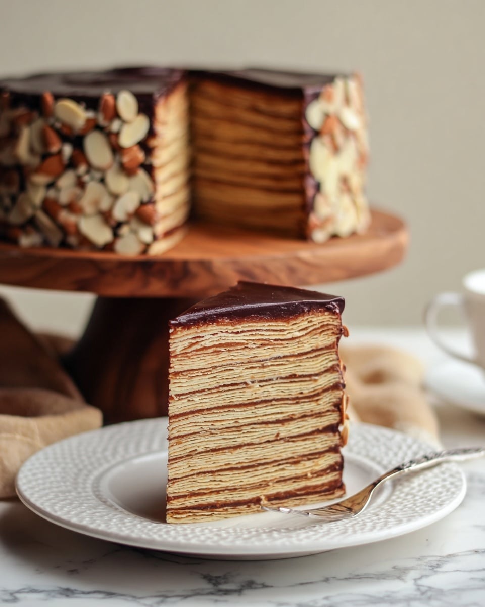 A slice of layered cake with about 12 thin, light yellow cake layers separated by thin, dark brown filling lines stands on a textured white plate, with glossy dark chocolate icing covering the top layer of the slice. The whole cake in the background shows the same layers inside, covered with dark chocolate icing on top and decorated with sliced almonds on the sides, all placed on a wooden board. The scene is set against a soft, neutral background with some dried red berries and leaves around, all on a white marbled surface. A fork with a light handle rests beside the slice on the plate. photo taken with an iphone --ar 4:5 --v 7