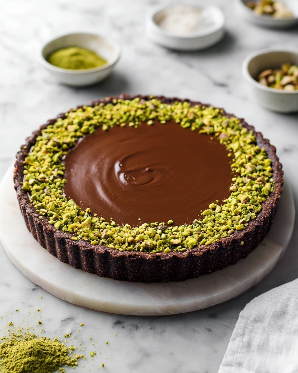The image shows a round tart with three clear layers on a white marble surface. The bottom layer is a thick, dark brown crust with a crumbly texture. Above the crust is a smooth, shiny chocolate filling that takes up most of the tart’s height. On top, there is a ring of chopped bright green pistachios around the edge, creating a colorful contrast with the chocolate center. Nearby, small bowls with green powder and a white cloth add context to the scene. The photo is taken with an iphone --ar 4:5 --v 7