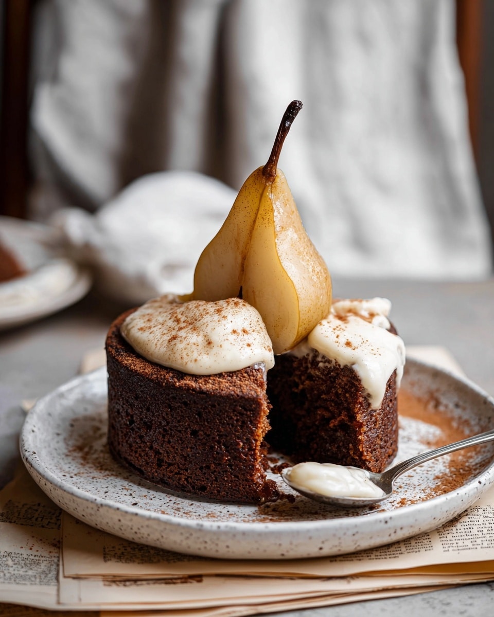 A thick, round, dark brown cake with a slightly rough texture sits on a white speckled plate. On top of the cake, there is a peeled pear that is sliced in half vertically, standing upright with the brown stem still attached. The pear is light yellow with a soft texture. Creamy white sauce with a smooth texture covers the pear and runs down the sides of the cake, dusted lightly with brown spice. A slice of the cake is cut out, revealing its moist, crumbly inside. A silver spoon rests on the plate next to the cake. The plate is placed on a stack of old papers and the background shows a soft grey-white cloth and a white marbled texture. photo taken with an iphone --ar 4:5 --v 7
