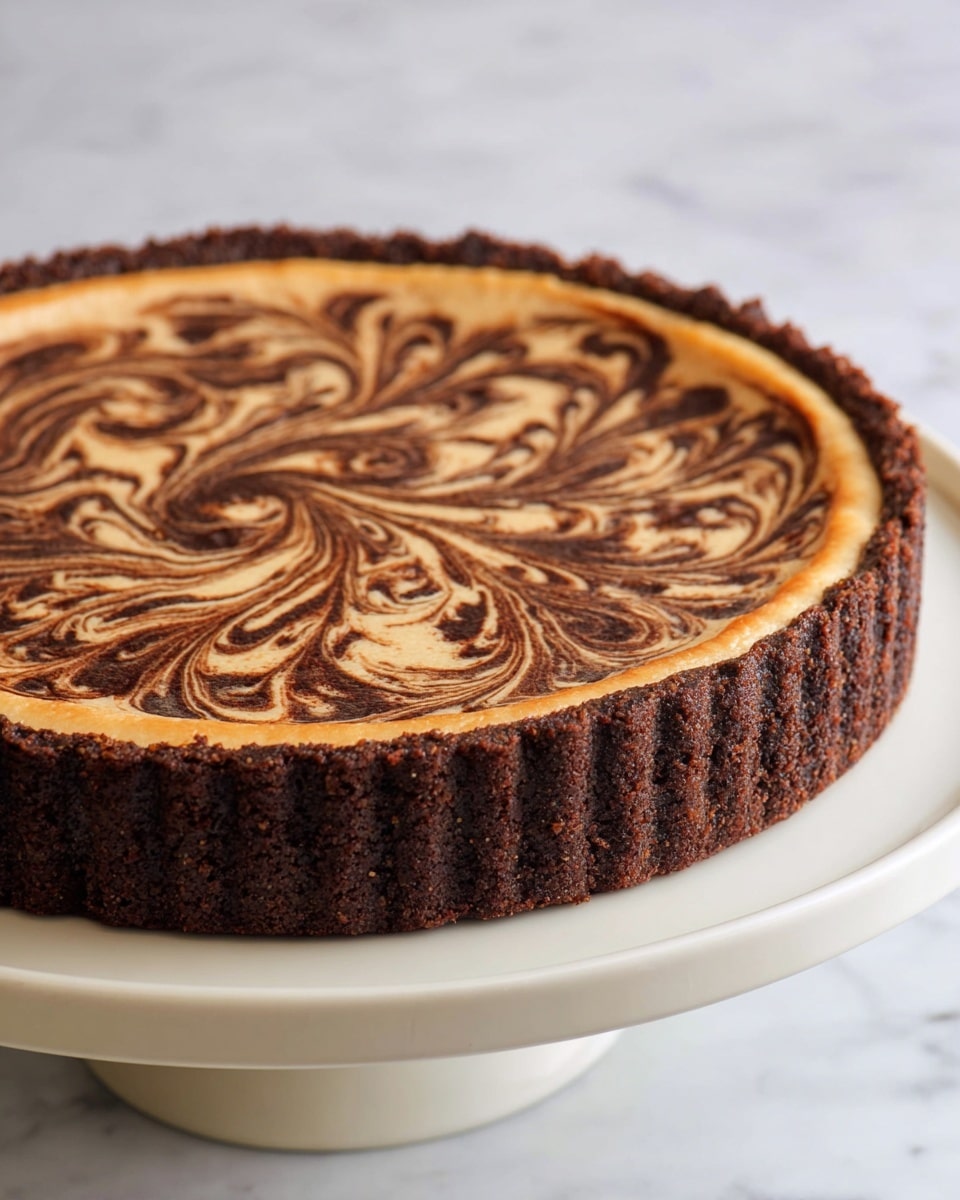 A round tart with two distinct layers is shown on a white cake stand against a white marbled texture. The bottom layer is thick and dark brown with a rough, crumbly texture that forms the tart base and sides, rising about a third of the tart’s height with a fluted edge. The top layer is creamy beige with darker brown swirls creating a marbled pattern that covers the entire surface, giving a smooth and glossy finish. The tart crust edge is golden-brown, slightly raised above the creamy top layer, highlighting the contrast between the dark base and the light swirled topping. Photo taken with an iphone --ar 4:5 --v 7