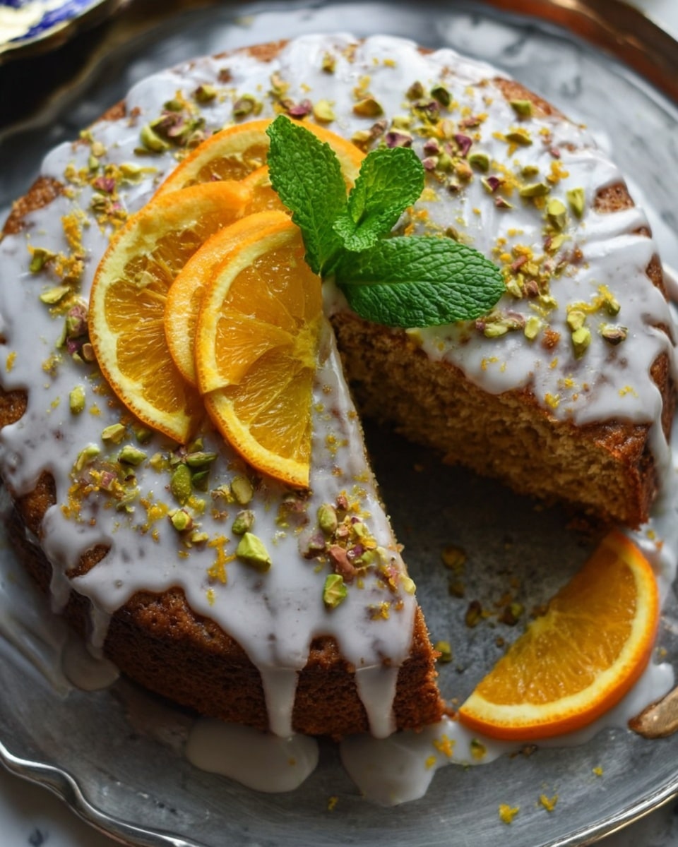 The image shows a round cake with one slice removed, revealing its light brown inside. The cake has a white glaze drizzled unevenly over the top and sides, with chopped pistachios sprinkled over the glaze. There are three thin orange slices placed on the top center, under a small cluster of fresh green mint leaves, adding a fresh look. Some orange zest is scattered lightly over the glaze, adding small orange dots. The cake sits on a metal silver tray on a white marbled surface, and a slice of orange is placed near the bottom right corner. photo taken with an iphone --ar 4:5 --v 7