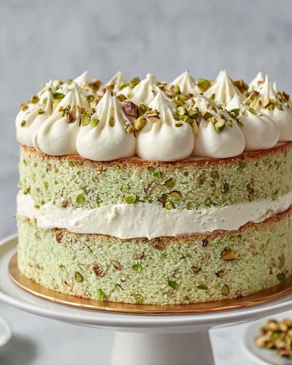 A two-layer cake sits on a white cake stand with a golden edge, placed on a white marbled surface. Each layer of the cake is greenish with visible small bits of pistachio embedded within, giving a textured look. Between the layers and on top, there are thick, creamy white dollops of frosting arranged evenly. The top layer is decorated with more frosting dollops around the edge and sprinkled generously with chopped pistachios, adding touches of green and brown. The background is softly blurred, with a hint of white flowers visible. Photo taken with an iphone --ar 4:5 --v 7