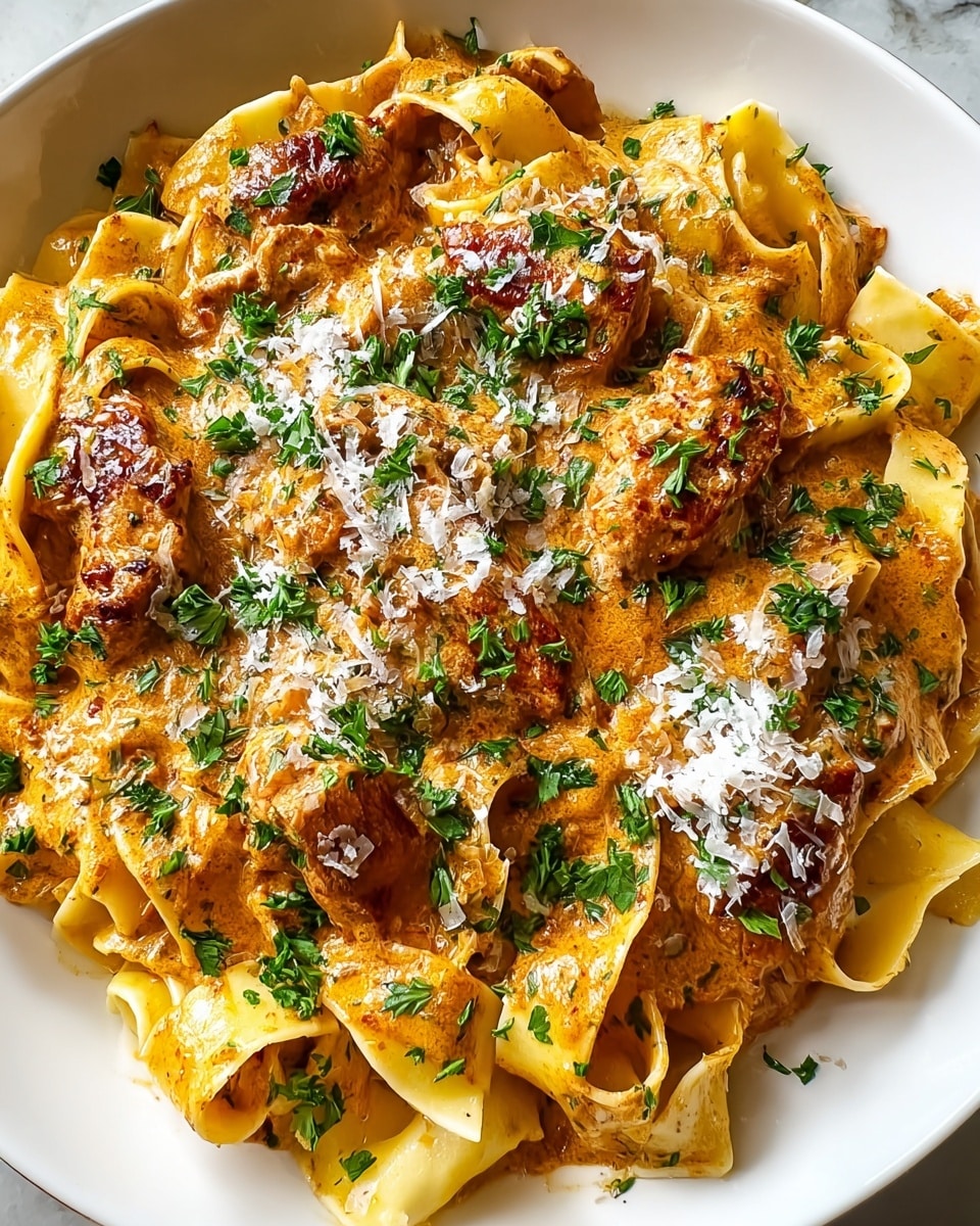 A white plate holds a generous serving of creamy pasta with flat, wide noodles arranged in a loose circular shape. On top, there are several browned pieces of chicken covered in a rich, orange-tinted sauce that looks smooth and thick. The dish is sprinkled with finely grated white cheese scattered mostly in the center, and chopped fresh green parsley is evenly spread across the top, adding bright color contrast. The edges of the noodles peek out from under the sauce and chicken, showing a soft, slightly curled texture. The photo is taken on a white marbled surface. photo taken with an iphone --ar 4:5 --v 7