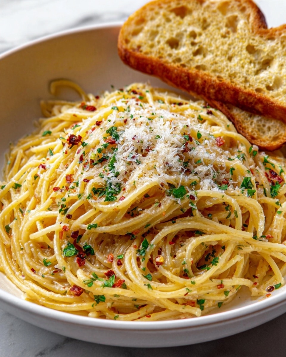 A gray bowl filled with a large mound of creamy spaghetti noodles, lightly coated in sauce, mixed with green herbs scattered throughout, and topped with finely grated white cheese and chopped parsley. Behind the bowl, there is a white plate of grilled green asparagus on the left and a white bowl of fresh green salad with lemon slices on top in the center. To the right, slices of toasted garlic bread with melted herbs and a golden-brown crust sit stacked on a wooden board. A glass of white wine is visible in the background, all placed on a white marbled surface. Photo taken with an iphone --ar 4:5 --v 7