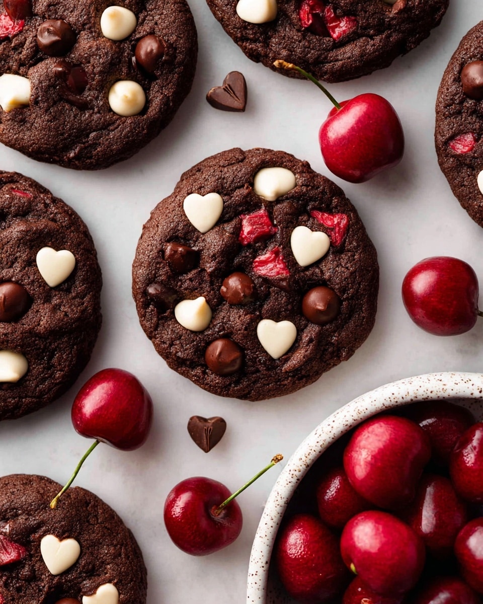 The image shows several dark brown chocolate cookies with a rough texture, each topped with scattered white, milk, and dark chocolate chips in various shapes including hearts and rounds. The cookies are placed on a white marbled surface and are interspersed with bright red cherries, some with green stems. On the right side of the image, there is a white speckled bowl filled with shiny red cherries. The composition highlights the contrast between the rich dark cookies and the vibrant red cherries. photo taken with an iphone --ar 4:5 --v 7