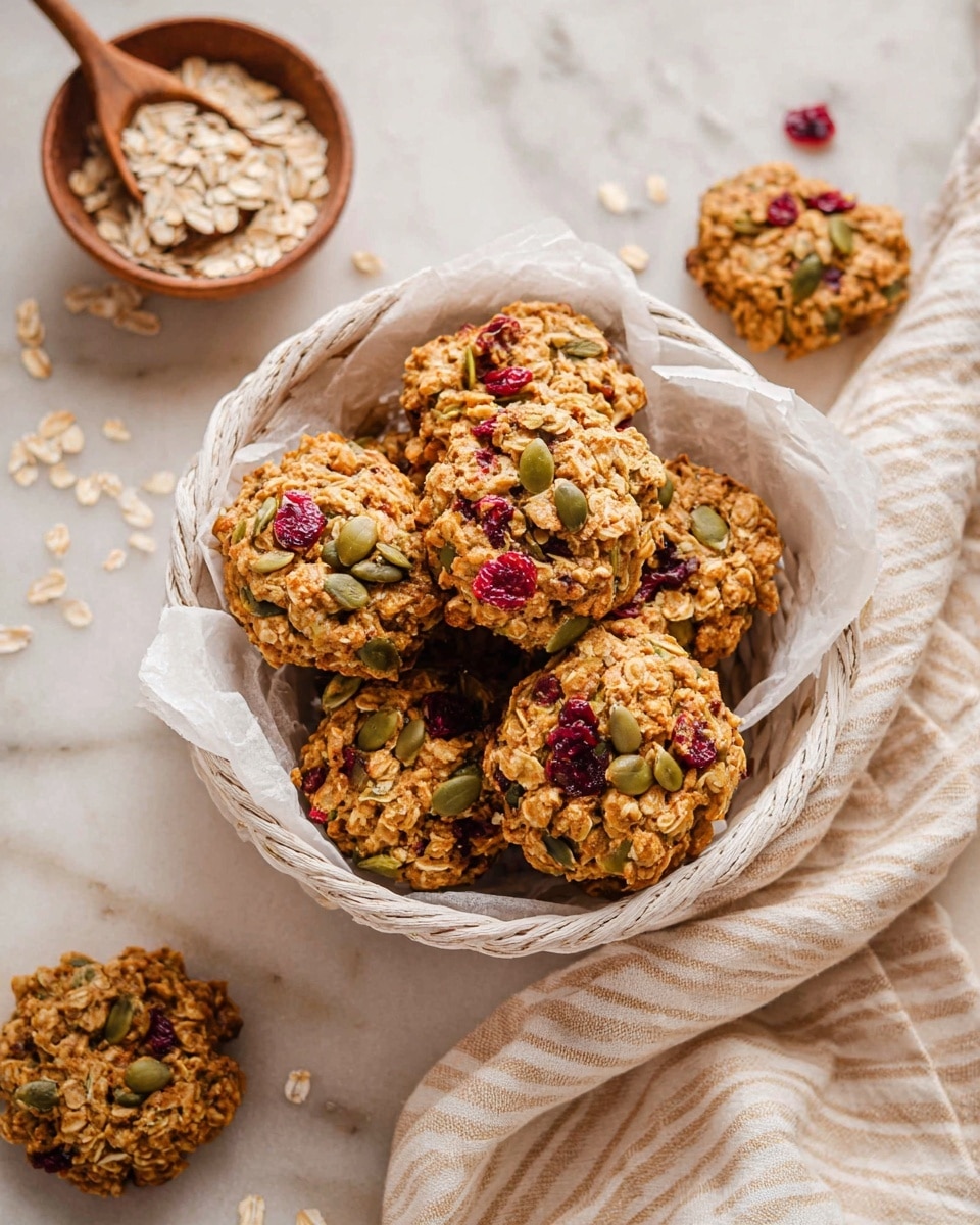 The image shows a close-up of several round oat cookies with a rough texture, each made of visible layers of oats, green pumpkin seeds, dried cranberries, and small red berry pieces mixed together in a golden-brown baked dough. The cookies are closely arranged on a white marbled surface, showing their uneven, thick shapes with some seeds and berries slightly sticking out. One cookie has a small bite taken out of it, revealing the inside texture. There is a single loose red berry piece on the surface near the cookies. photo taken with an iphone --ar 4:5 --v 7