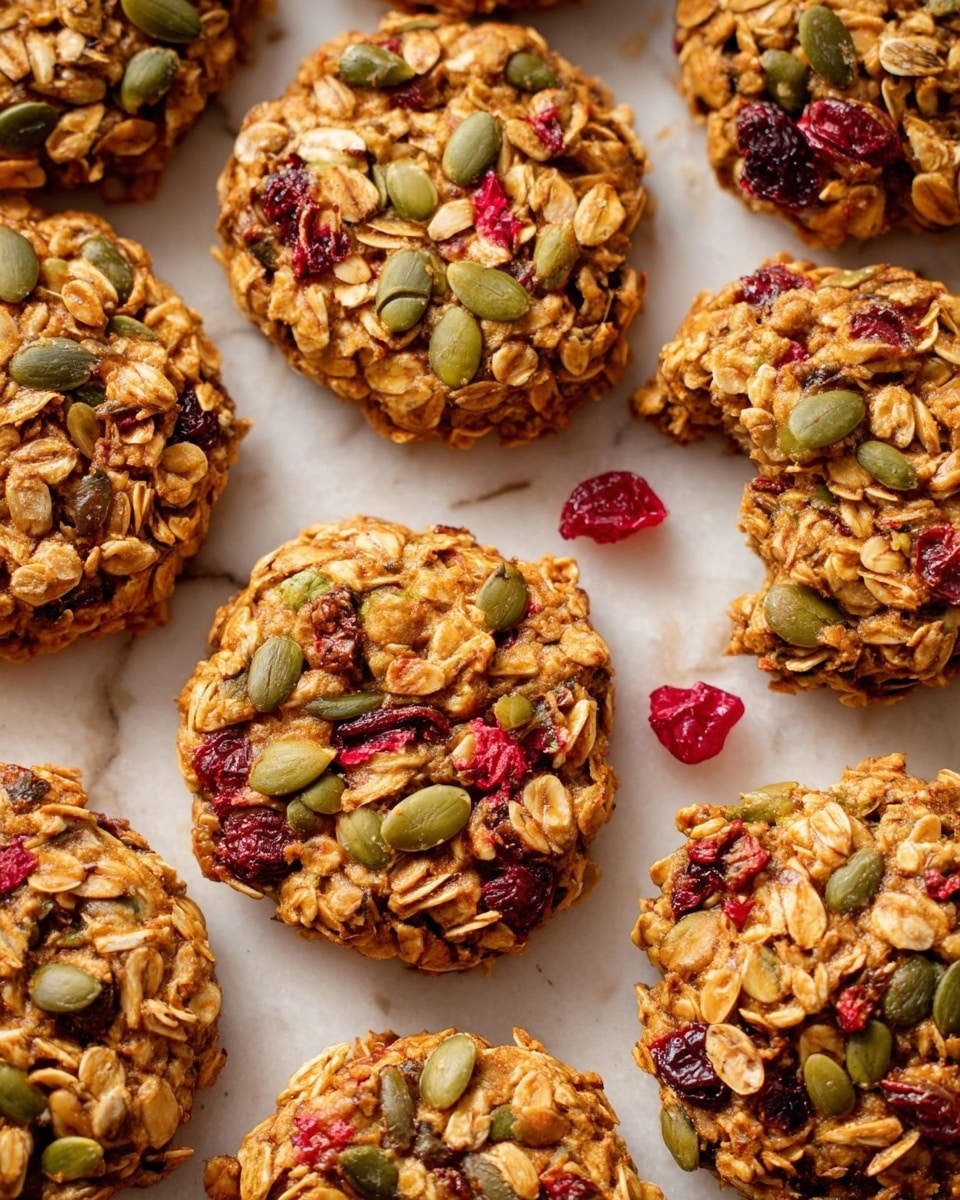 A white woven basket filled with round oat cookies sits on a white marbled texture. The cookies have a rough, chunky texture with visible layers of golden oats, green pumpkin seeds, and small red dried berries scattered on top and throughout. Some cookies are placed outside the basket on the surface, showing their thick, dense shapes. A wooden bowl with dry oats and a wooden spoon is positioned in the top left corner, while a cream and beige striped cloth rests in the top right and bottom right corners. Photo taken with an iphone --ar 4:5 --v 7
