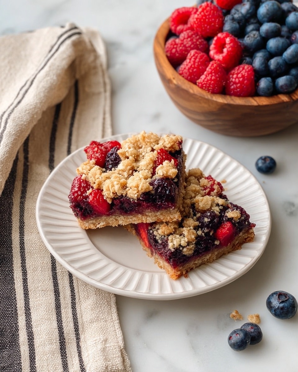 A baked mixed berry crumble sits in a white square baking dish lined with light brown parchment paper that folds out at the edges. The crumble has a golden-brown, crumbly oat topping spread unevenly over a juicy, deep red and purple berry filling with chunks of berries visible throughout. The surface looks slightly crunchy with a moist, soft filling beneath. Next to the baking dish is a small white bowl filled with fresh blueberries and raspberries, adding bright red and blue colors. The background shows a white marbled surface with a light cloth featuring black stripes near the top left corner. Photo taken with an iphone --ar 4:5 --v 7