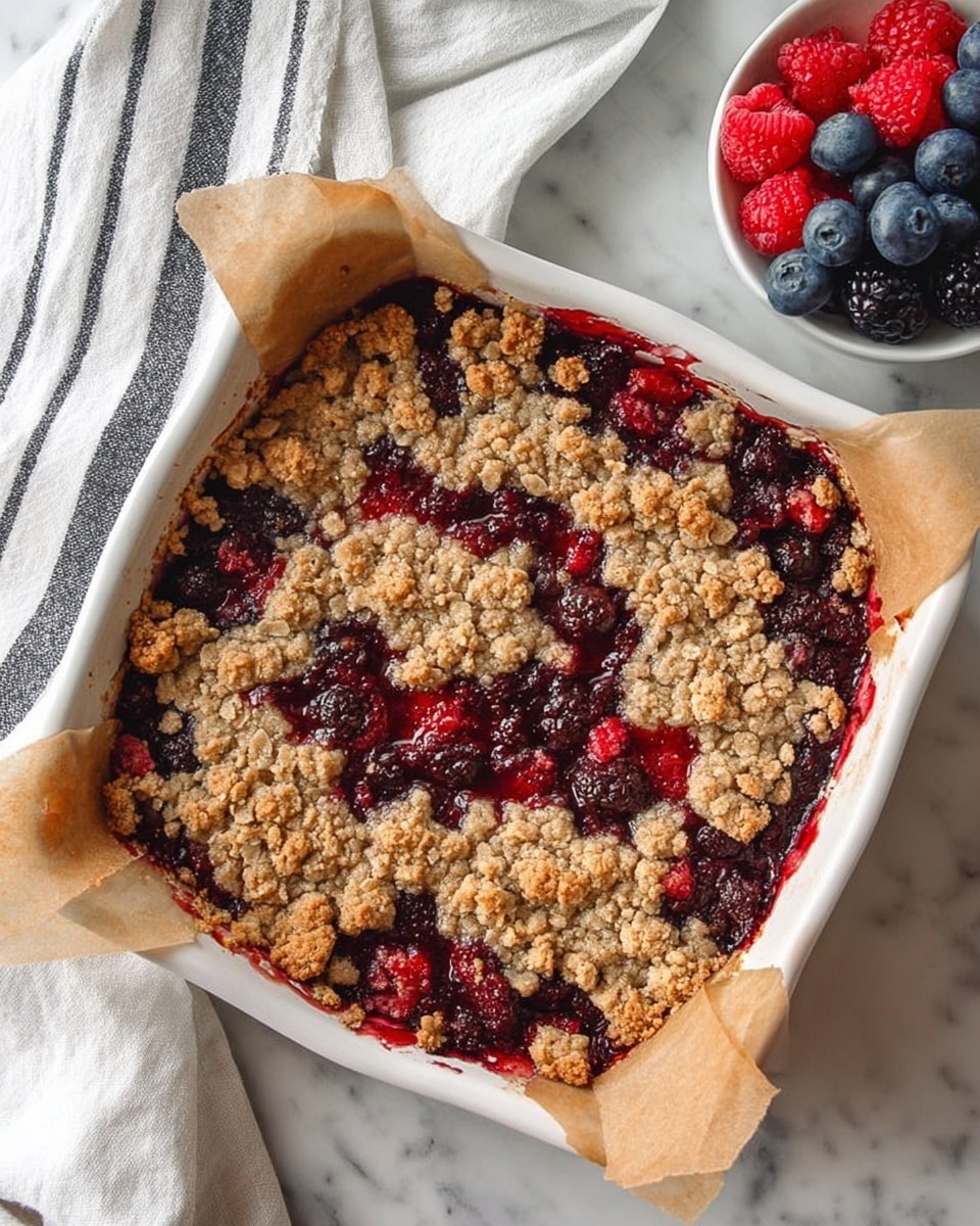 The image shows two square slices of mixed berry crumble bars on a white plate with ridged edges. Each bar has three layers: a light golden crumbly oat crust at the bottom, a thick dark red and purple mixed berry filling full of strawberries, raspberries, and blueberries in the middle, and a golden crumbly oat topping broken into small chunks on top. The plate is placed on a white marbled surface, next to a beige cloth with black stripes on the left. To the top right of the plate, there is a wooden bowl filled with fresh blueberries and raspberries, with a few berries scattered on the surface nearby. Photo taken with an iphone --ar 4:5 --v 7