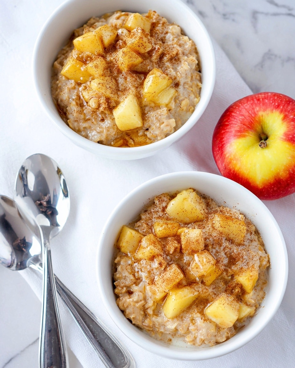 Two white bowls filled with a warm oatmeal dish sit on a white marbled surface. Each bowl shows a thick layer of creamy oatmeal mixed with small chunks of soft yellow apples. The oatmeal is topped with a dusting of dark brown cinnamon powder and glistening drops of honey or syrup. There is a whole red and yellow apple next to the bowls, along with two shiny silver spoons placed on a white cloth. The soft textures and warm colors make the dish look cozy and inviting. Photo taken with an iphone --ar 4:5 --v 7