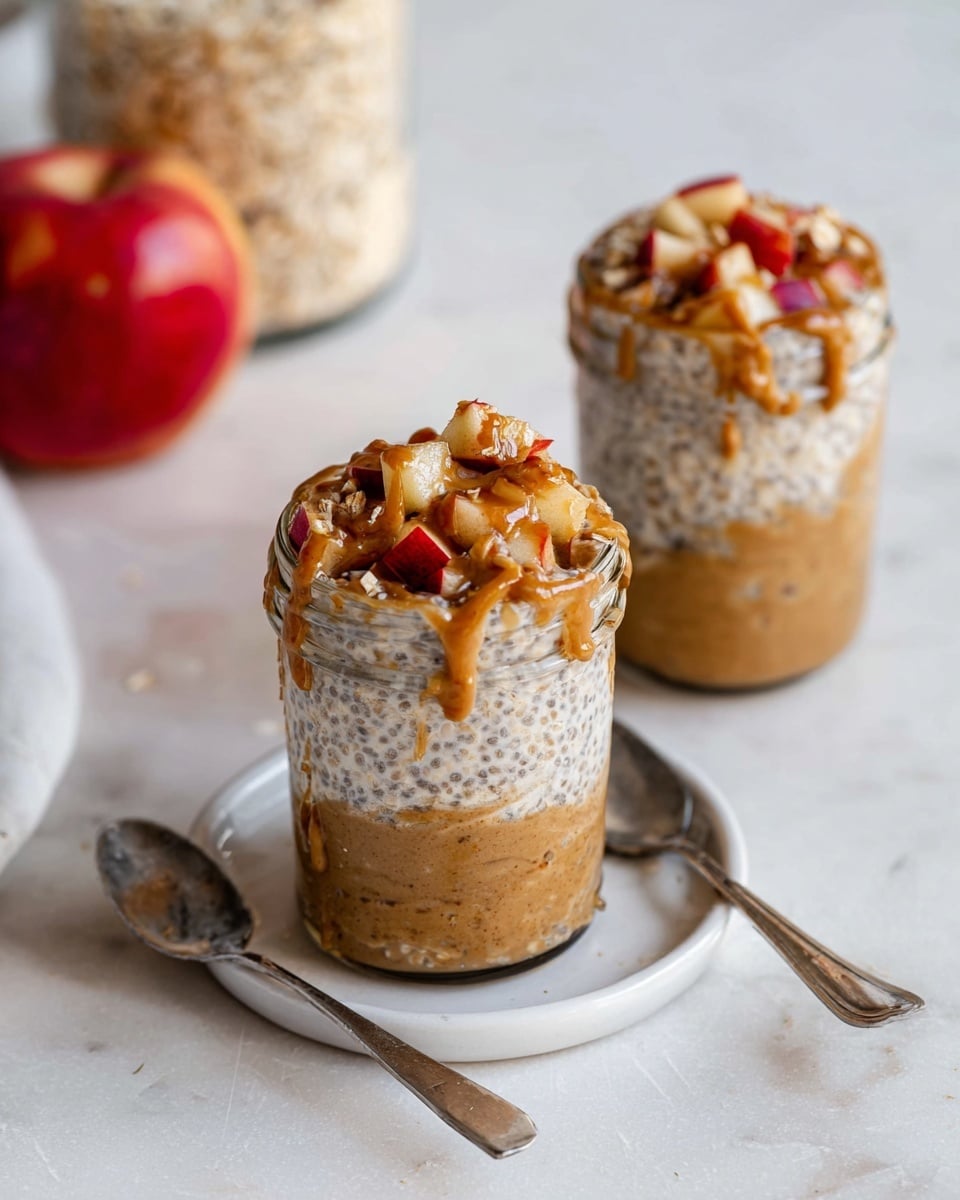 Two clear glass jars are filled with a three-layered dish placed on a white plate with two spoons beside it. The bottom layer is a smooth, thick brown paste, likely almond butter. The middle layer is a creamy mix with visible chia seeds and small pieces of apple, giving it a light beige color with specks. The top layer consists of chopped red apple pieces mixed with the creamy chia blend, all drizzled with more brown almond butter sauce that slightly spills over the edges. A fresh red apple and a jar of oats are blurred in the background, all set on a white marbled surface. Photo taken with an iphone --ar 4:5 --v 7