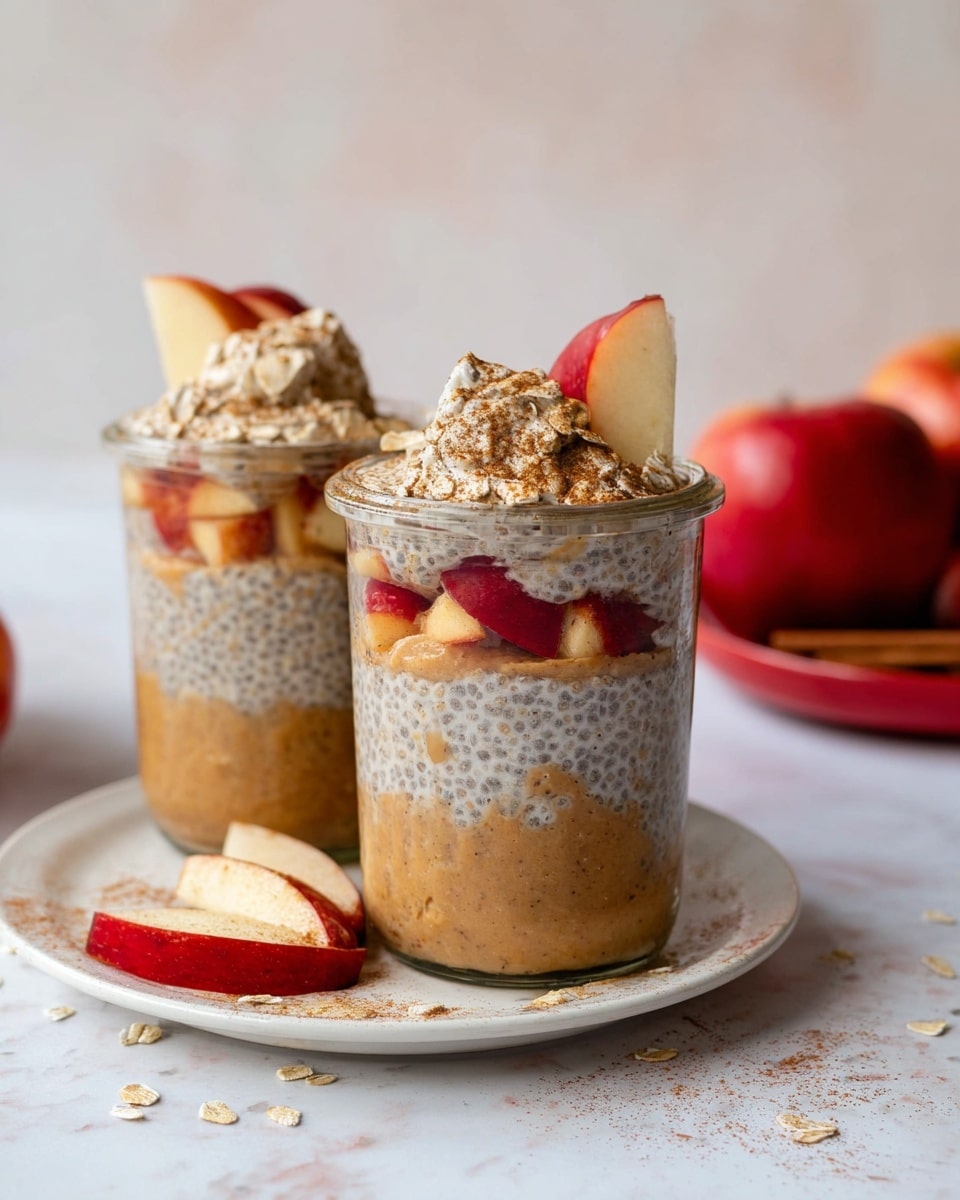 Two clear glass jars sit on a white plate with small apple pieces around it, all placed on a white marbled surface. Each jar has four visible layers: the bottom layer is a thick, light brown almond butter spread with a creamy texture; above it is a layer of beige chia pudding flecked with tiny black seeds; next, there is a layer of sliced red apple pieces showing their shiny skin; the top layer is a scoop of chia oatmeal mix, light beige with visible oats and chia seeds. One jar also has a small wedge of apple inserted near the top, dusted with a bit of cinnamon or spice. In the background, whole red apples and a small red dish with cinnamon sticks add color. Photo taken with an iphone --ar 4:5 --v 7