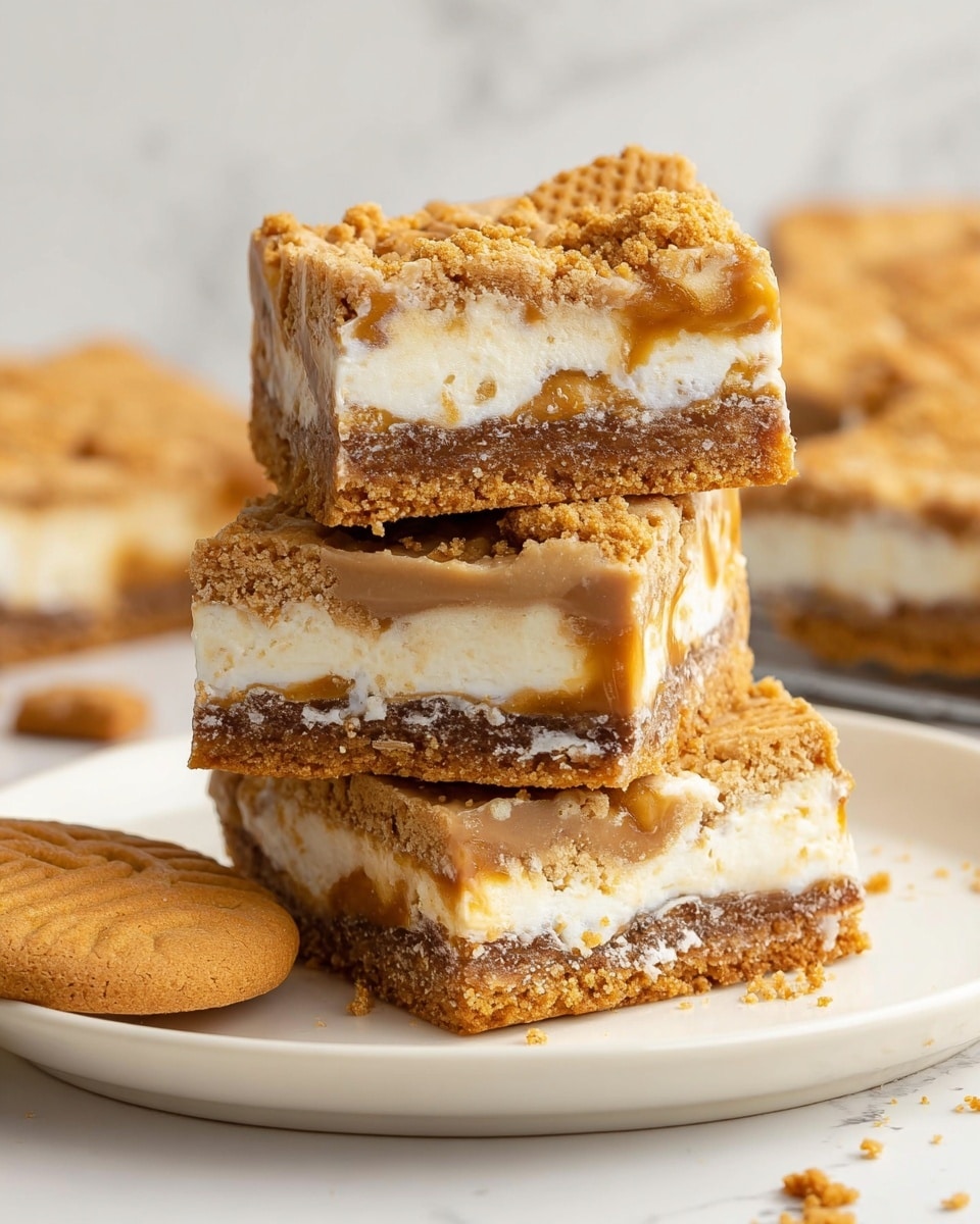 A stack of three dessert bars is shown on a white plate with white marbled texture underneath. Each bar has three visible layers: a bottom light golden brown cookie layer, a middle creamy white layer mixed with a darker caramel-colored layer, and a top layer made of broken golden brown cookie pieces with a textured pattern. The bars look soft with a crumbly texture on top and smooth creamy textures in the middle. A few cookie crumbs are scattered around the plate, and a whole cookie with a similar pattern lies in front. The photo taken with an iphone --ar 4:5 --v 7