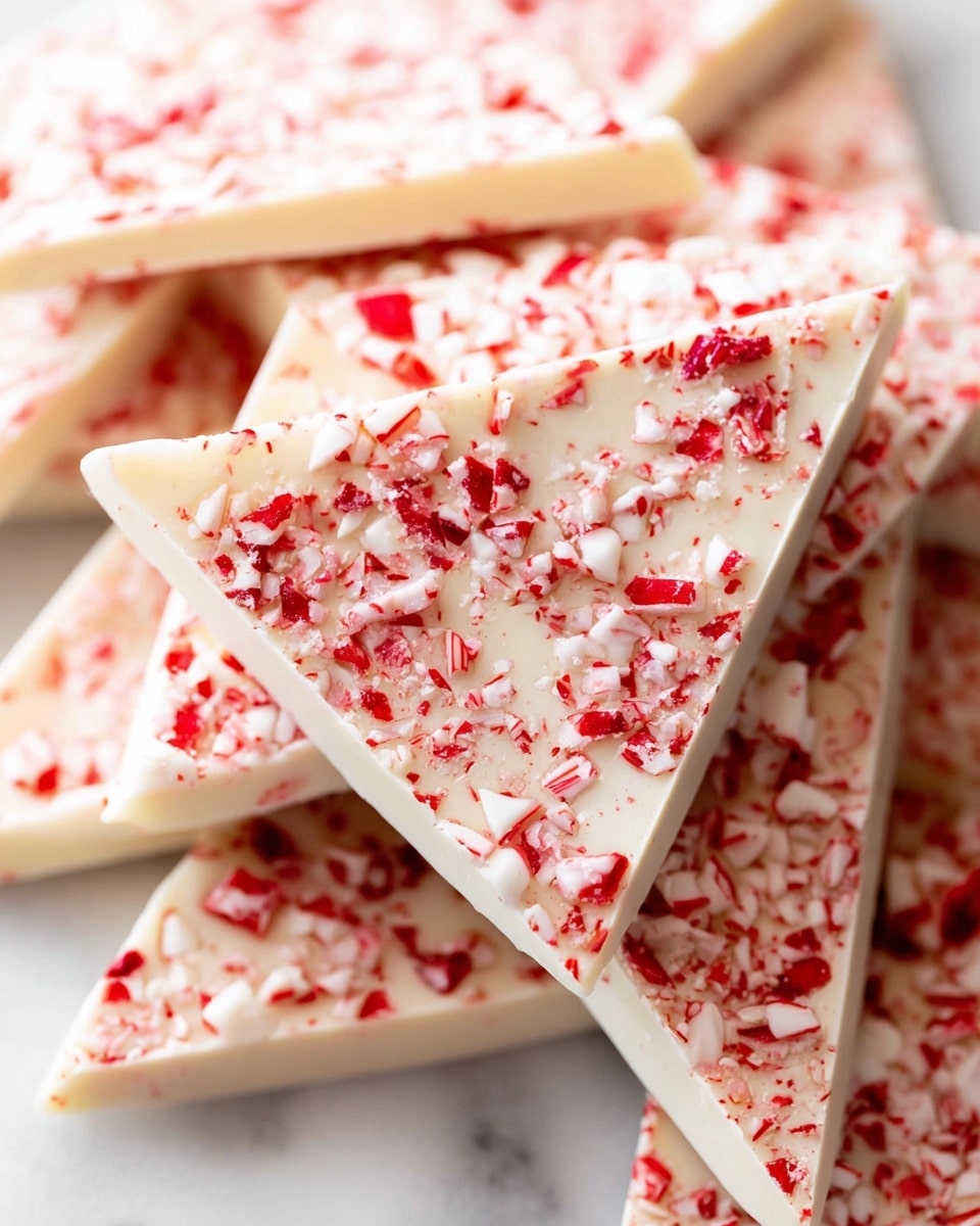 The image shows close-up pieces of peppermint bark broken into triangle shapes, stacked closely together. Each piece has three layers: a top layer of white chocolate scattered with small, rough red and white peppermint bits, a thin middle layer of smooth, light creamy white chocolate, and a bottom layer of dark chocolate that looks firm and glossy. The textures are clear, with the peppermint bits rough and crunchy, contrasting the smooth chocolate layers. The pieces rest on a white marbled surface. photo taken with an iphone --ar 4:5 --v 7