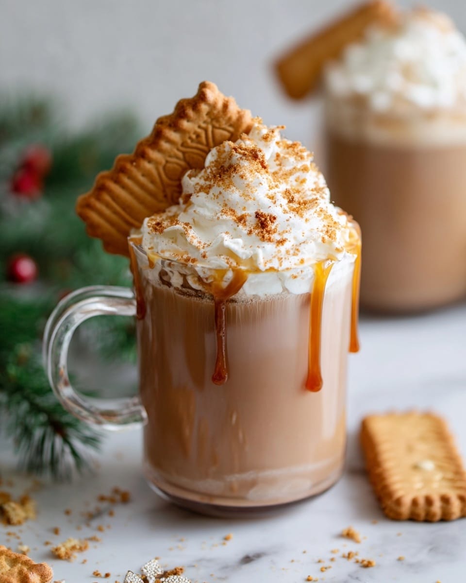 The image shows a clear glass mug filled with three layers. The bottom layer is a smooth, light brown hot drink, likely a latte or hot chocolate. On top is a thick layer of white whipped cream with a slightly soft texture, sprinkled with fine brown crumbs and drizzled with light brown caramel sauce. Sticking out from the whipped cream is a light brown rectangular biscuit with ridged edges and a decorative pattern. The glass mug is placed on a white marbled surface, with some green pine branches and more biscuits scattered around. In the background, another similar glass mug can be seen, slightly out of focus. Photo taken with an iphone --ar 4:5 --v 7