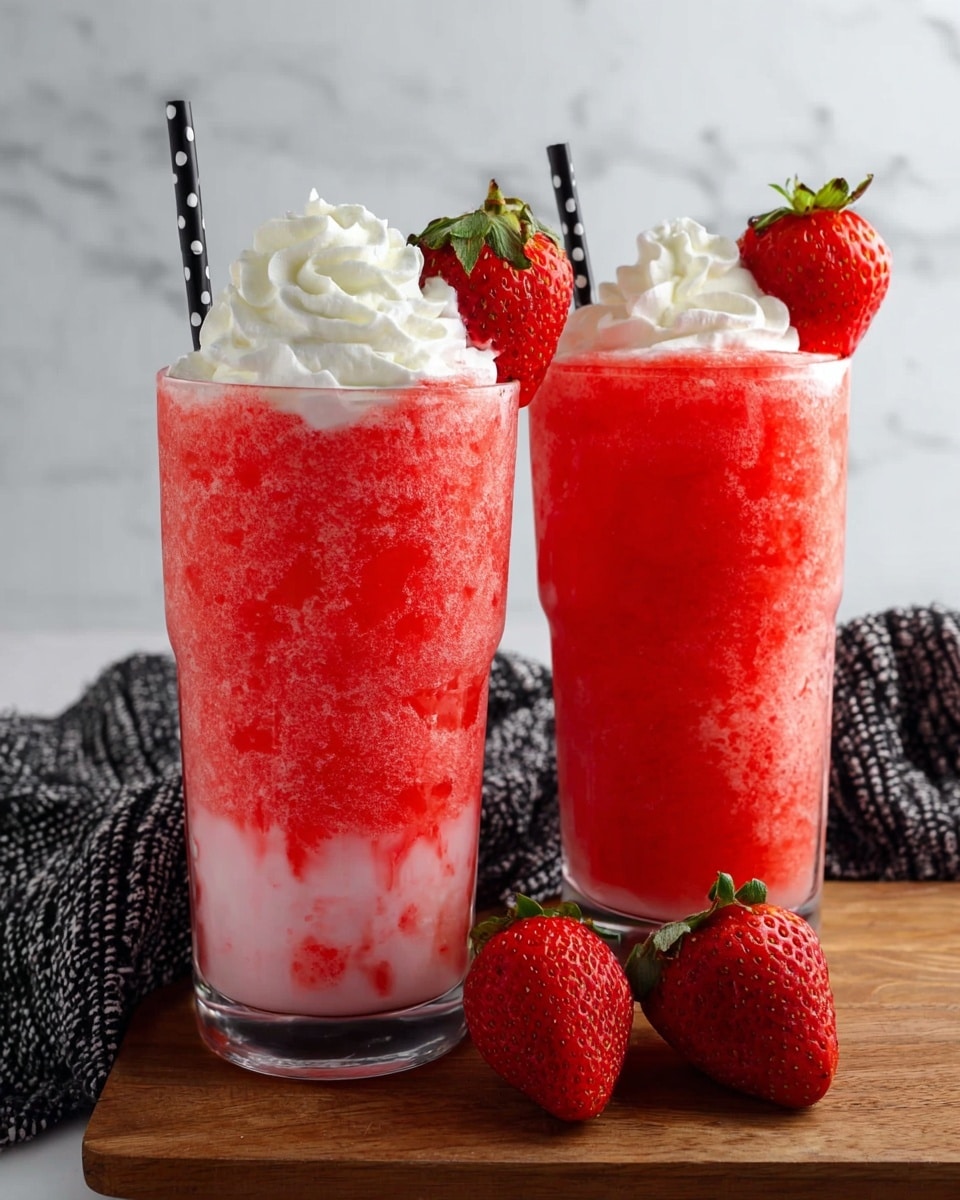 Two tall clear glasses contain a bright red frozen strawberry drink with a rough icy texture filling about four layers from bottom to top. The bottom layer is a lighter pink creamy base, which transitions into a thicker, icy red middle layer, topped with a swirl of white whipped cream. Each glass is garnished with a half strawberry, red with green leaves, placed on top of the whipped cream. Two black straws with white polka dots stand upright in each glass. In front of the glasses, three whole strawberries sit on a wooden board, with a black and white textured cloth slightly wrinkled behind them, all set against a white marbled background. photo taken with an iphone --ar 4:5 --v 7