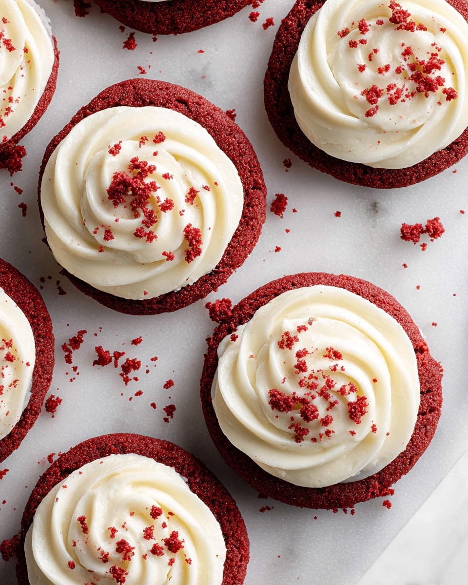 The image shows six red velvet cookies arranged on a white marble surface, each with a single layer of thick, creamy white frosting swirled on top in a spiral pattern. The red cookies have a smooth, slightly crumbly texture and are topped with scattered small red crumbs for decoration. The cookies are placed close together, filling most of the frame, with some crumbs also scattered on the marble surface around them. photo taken with an iphone --ar 4:5 --v 7